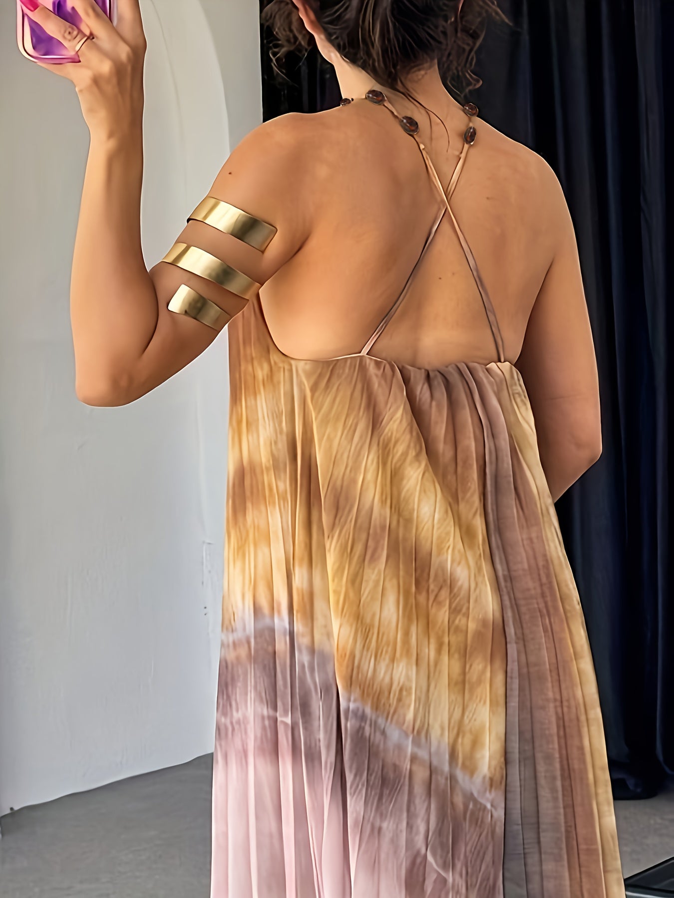 Elegant Women'S Athens Tie-Dye Pleated Maxi Dress - Sleeveless, Fitted, Spring/Summer Style, Perfect for Adult, Casual Attire|Sleeveless Dress|Tie Dye Pattern