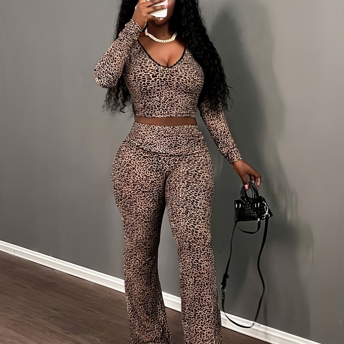 Casual Leopard Print Lace Crop Top & Flare Pants Set