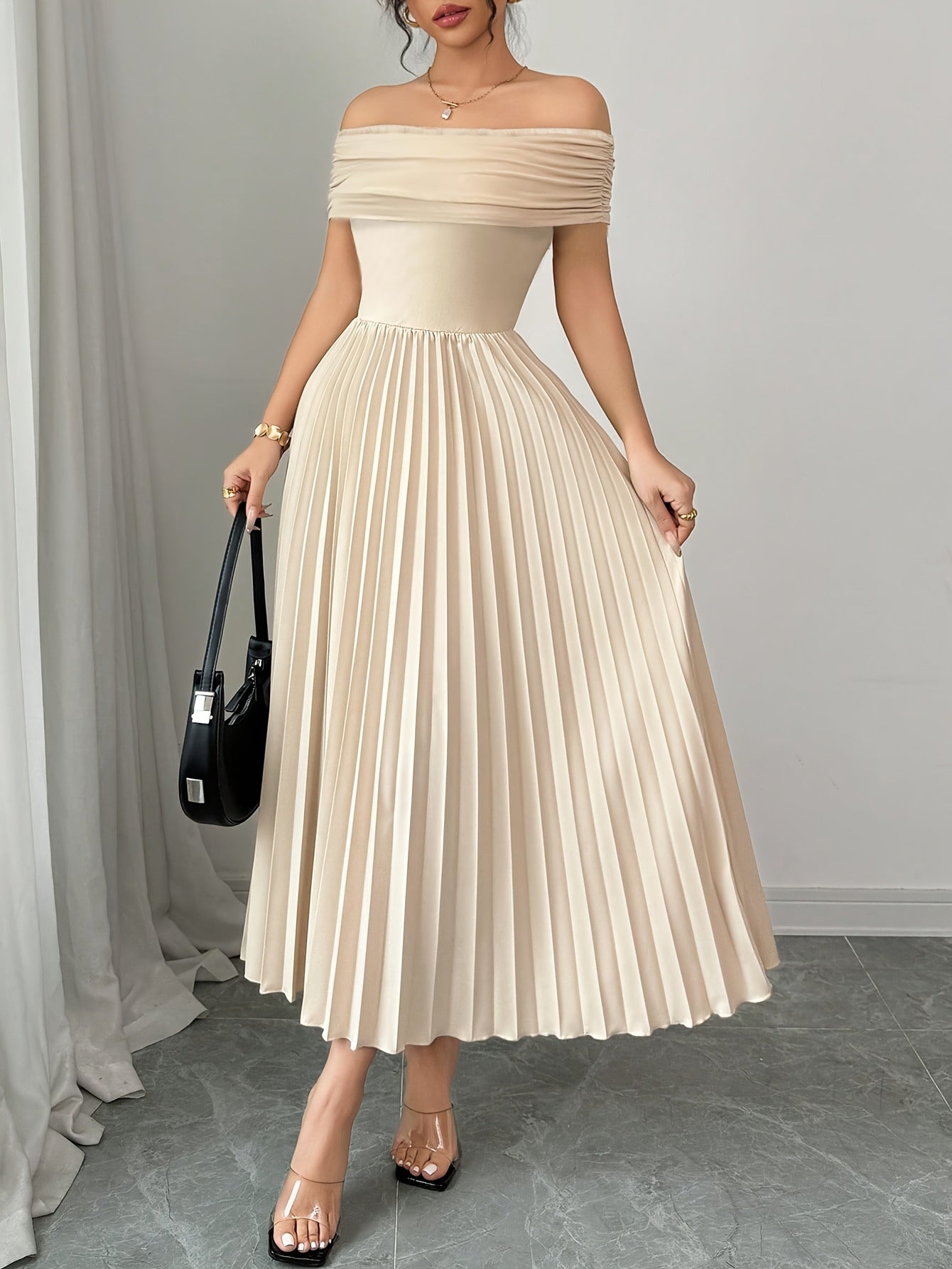 Elegant Off-Shoulder Golden Hour Pleated Dress