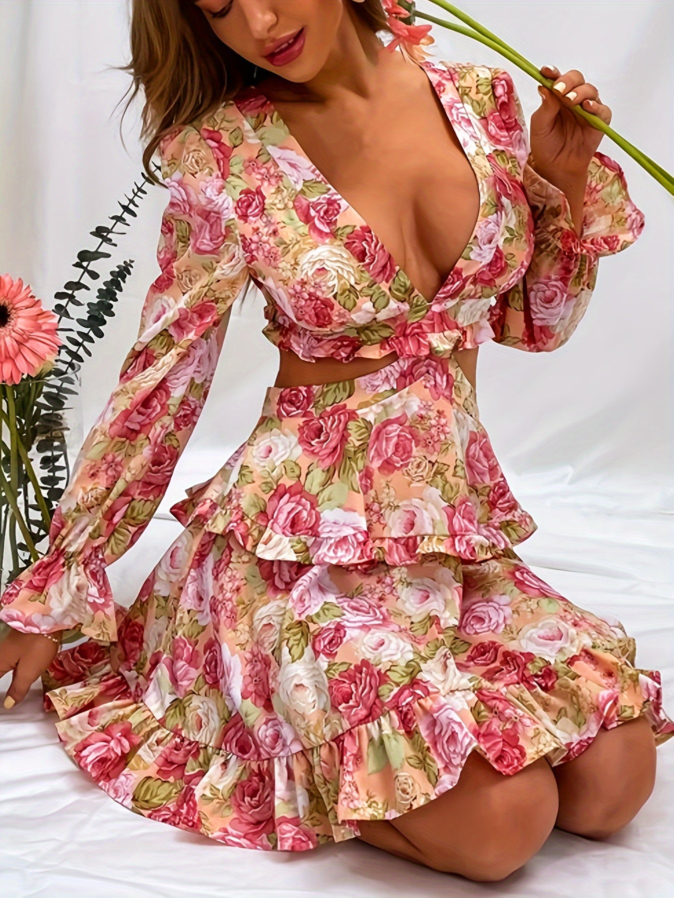 Chic Floral Print Deep V-Neck Chiffon Dress with Tie Back & Ruffle Sleeves