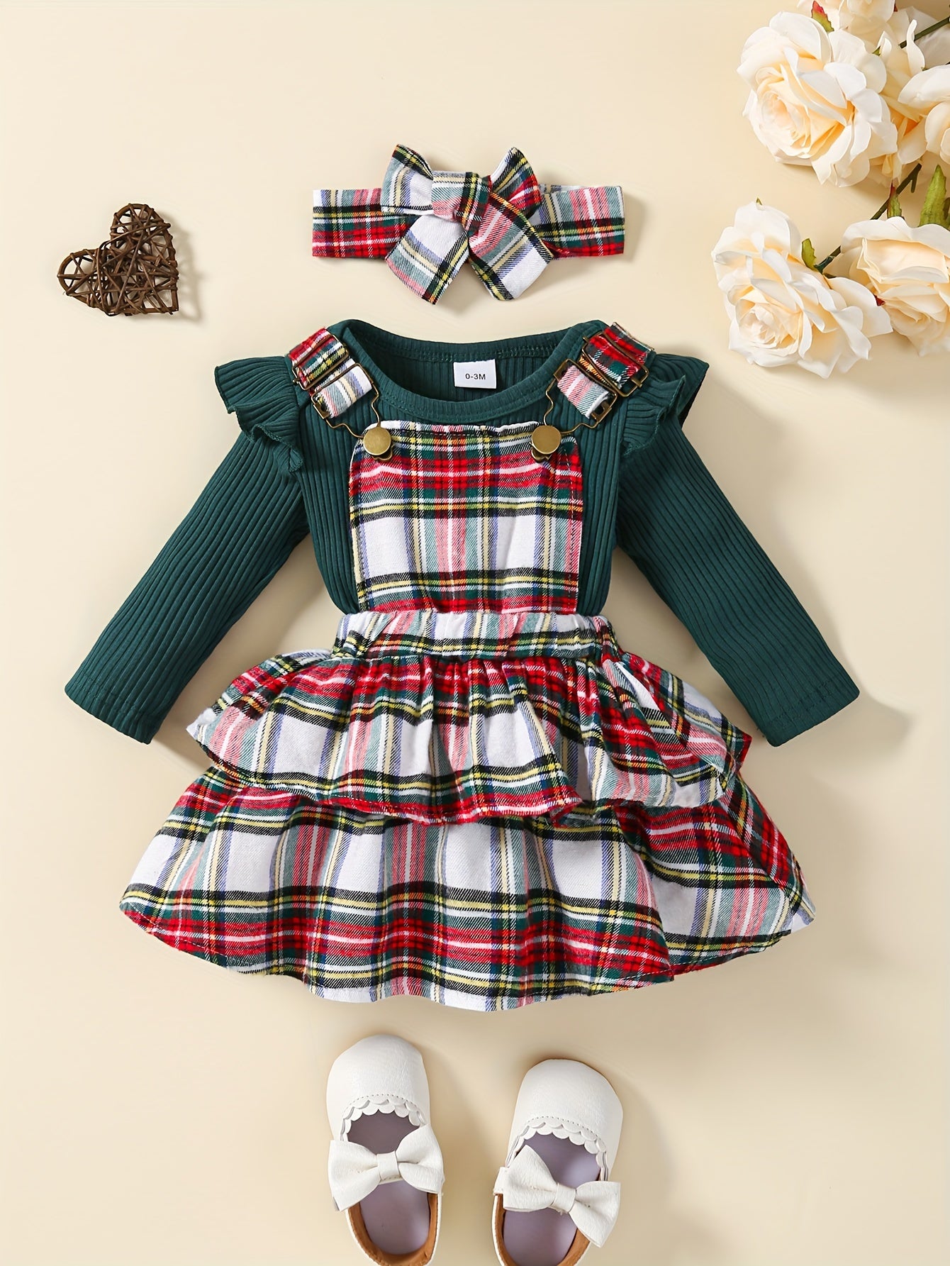 Baby's Overall Dress + Ruffled Bodysuit + Hairband, Toddler & Infant Girl's Clothing Set