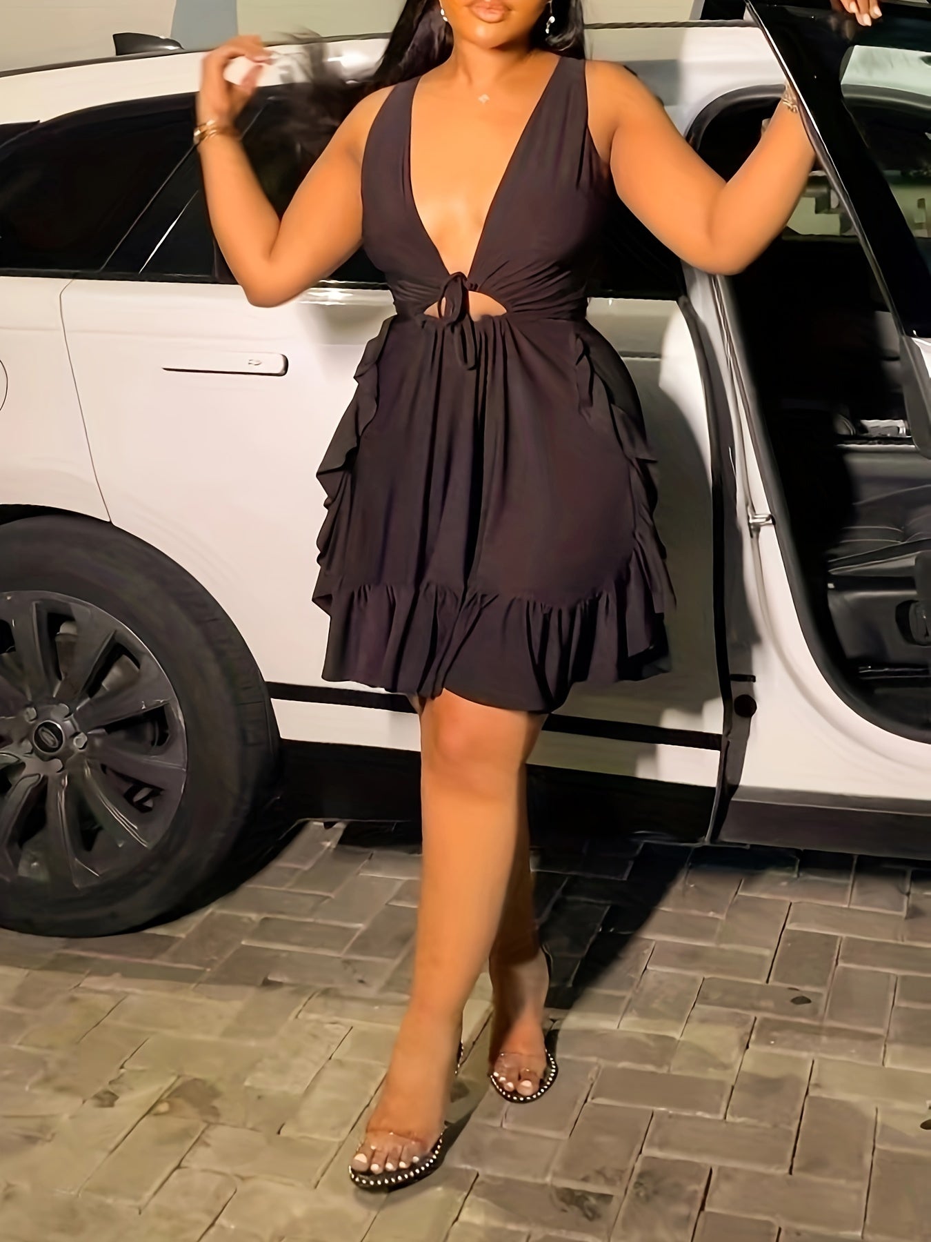 Elegant V-Neck Sleeveless Ruffle Ruched Bodycon Mini Dress