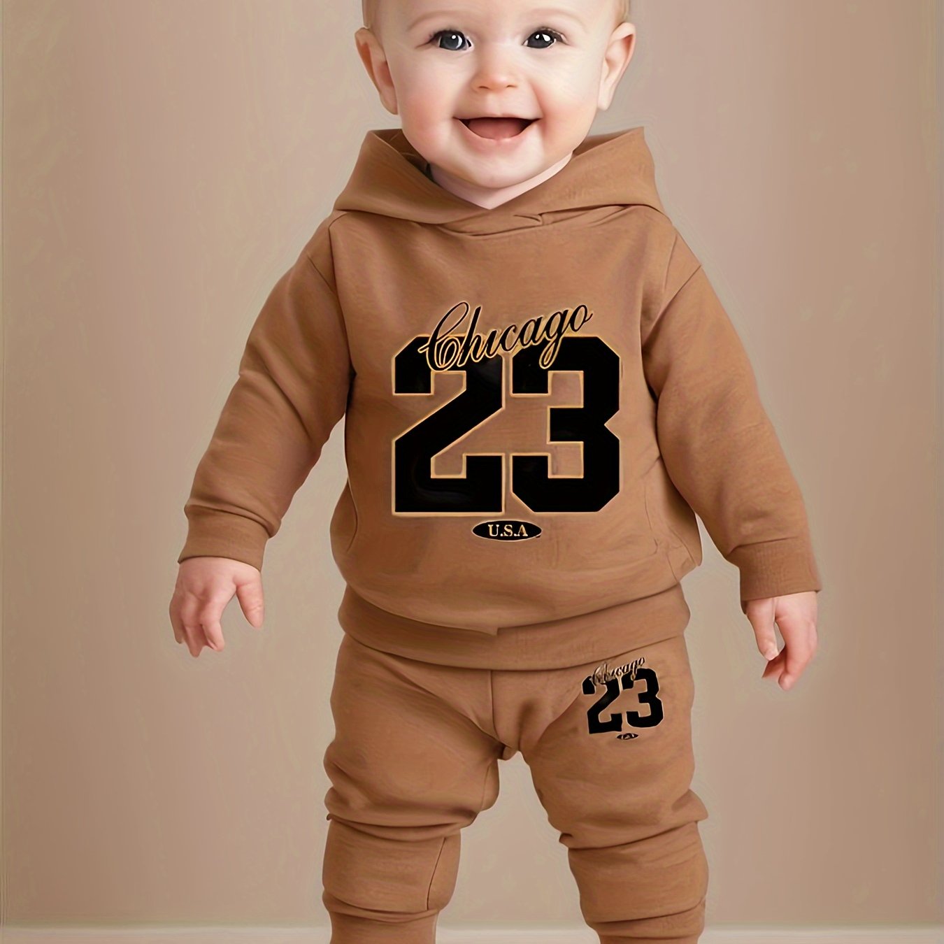 Baby Boy's Autumn And Winter Chicago 23 Print Hooded Sweatshirt + Pants Outdoor Set, 2pcs Comfy Trendy Outfits For For Outdoor Play And Daily Life