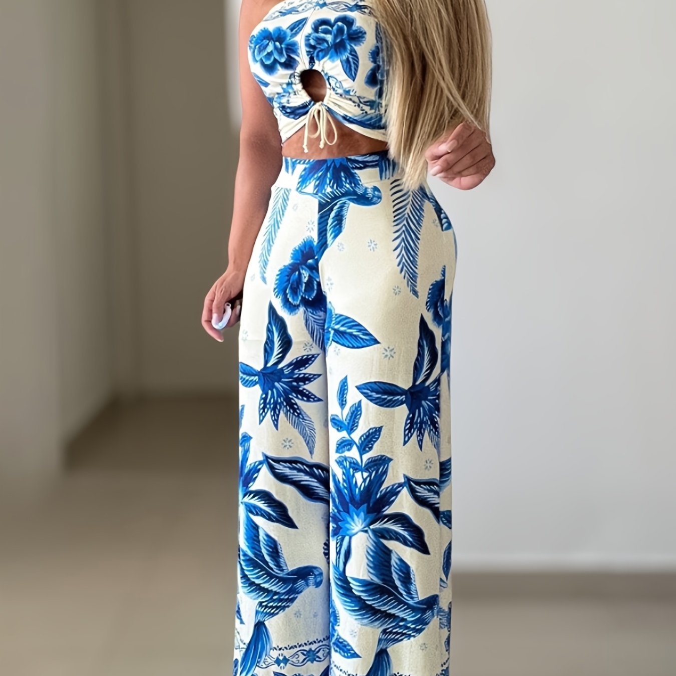 Floral Whispers Backless Elastane Blend Top and Wide Leg Pants Set