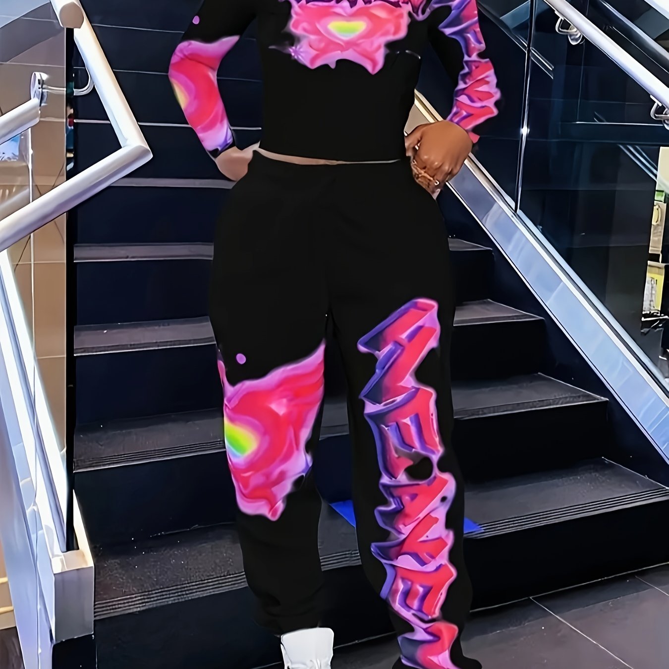 Women's Y2K Heart & Letter Print Long Sleeve Crop Top & Drawstring Joggers Set