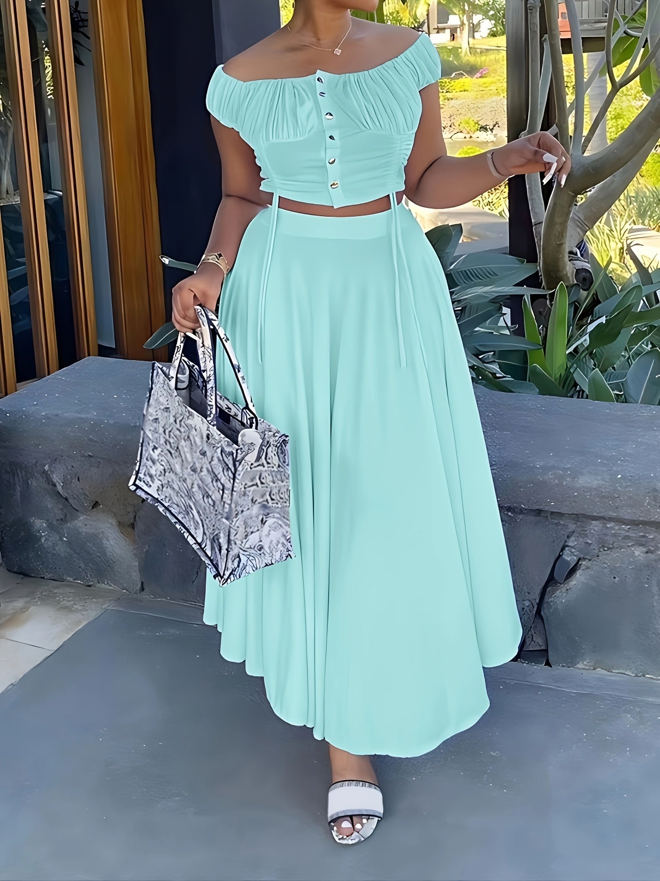 Women's Casual One-Shoulder Short Top A-Line Dangle Long Dress Fashion Set