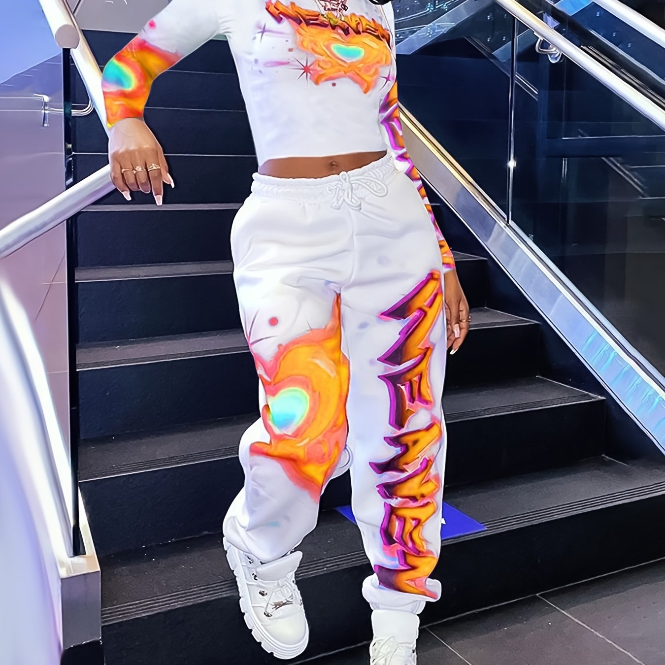 Women's Y2K Heart & Letter Print Long Sleeve Crop Top & Drawstring Joggers Set