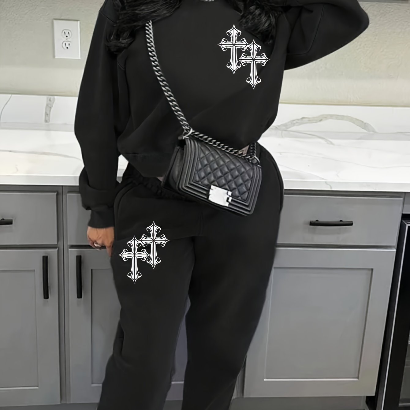 Women's Geometric Pattern Crew Neck Sweatshirt and Joggers Set