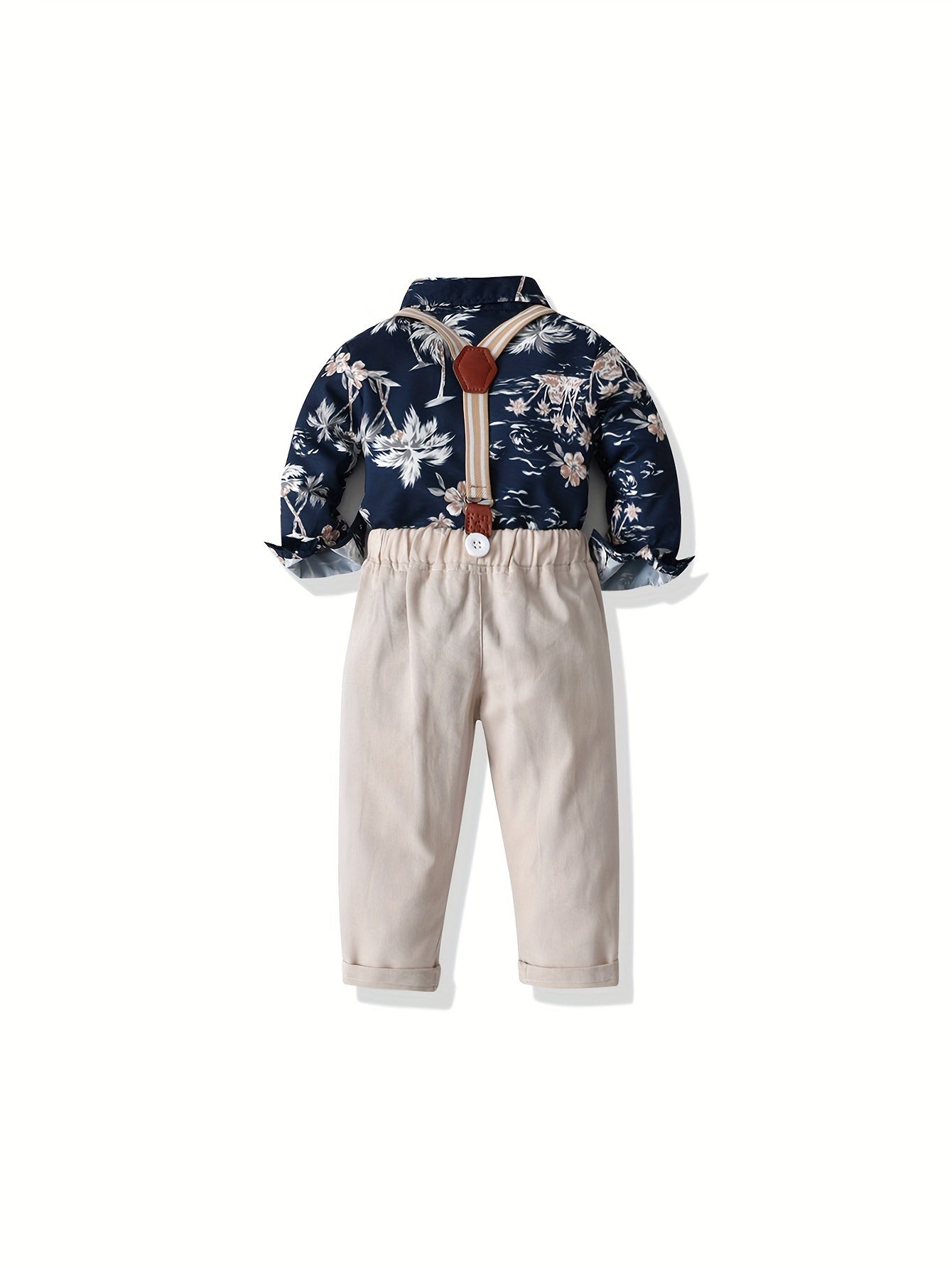 Casual Cotton Blend Floral Print Suit with Long Sleeve Shirt and Elastic Waist Suspenders Pants