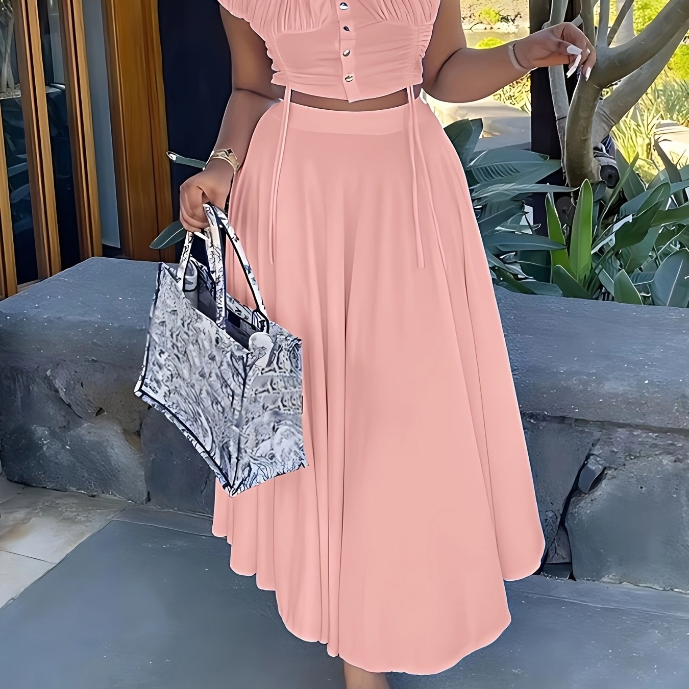 Women's Casual One-Shoulder Short Top A-Line Dangle Long Dress Fashion Set