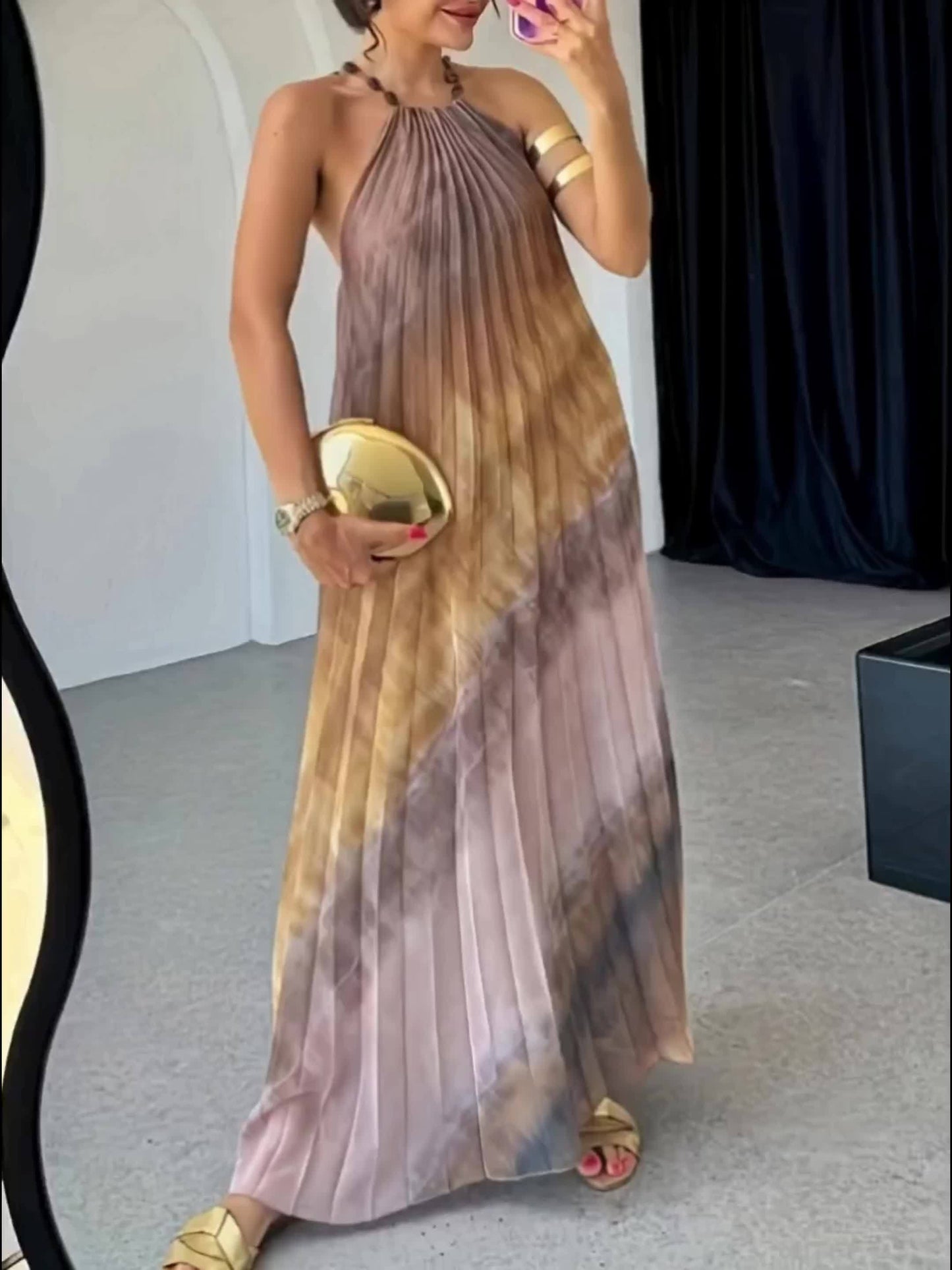 Elegant Women'S Athens Tie-Dye Pleated Maxi Dress - Sleeveless, Fitted, Spring/Summer Style, Perfect for Adult, Casual Attire|Sleeveless Dress|Tie Dye Pattern