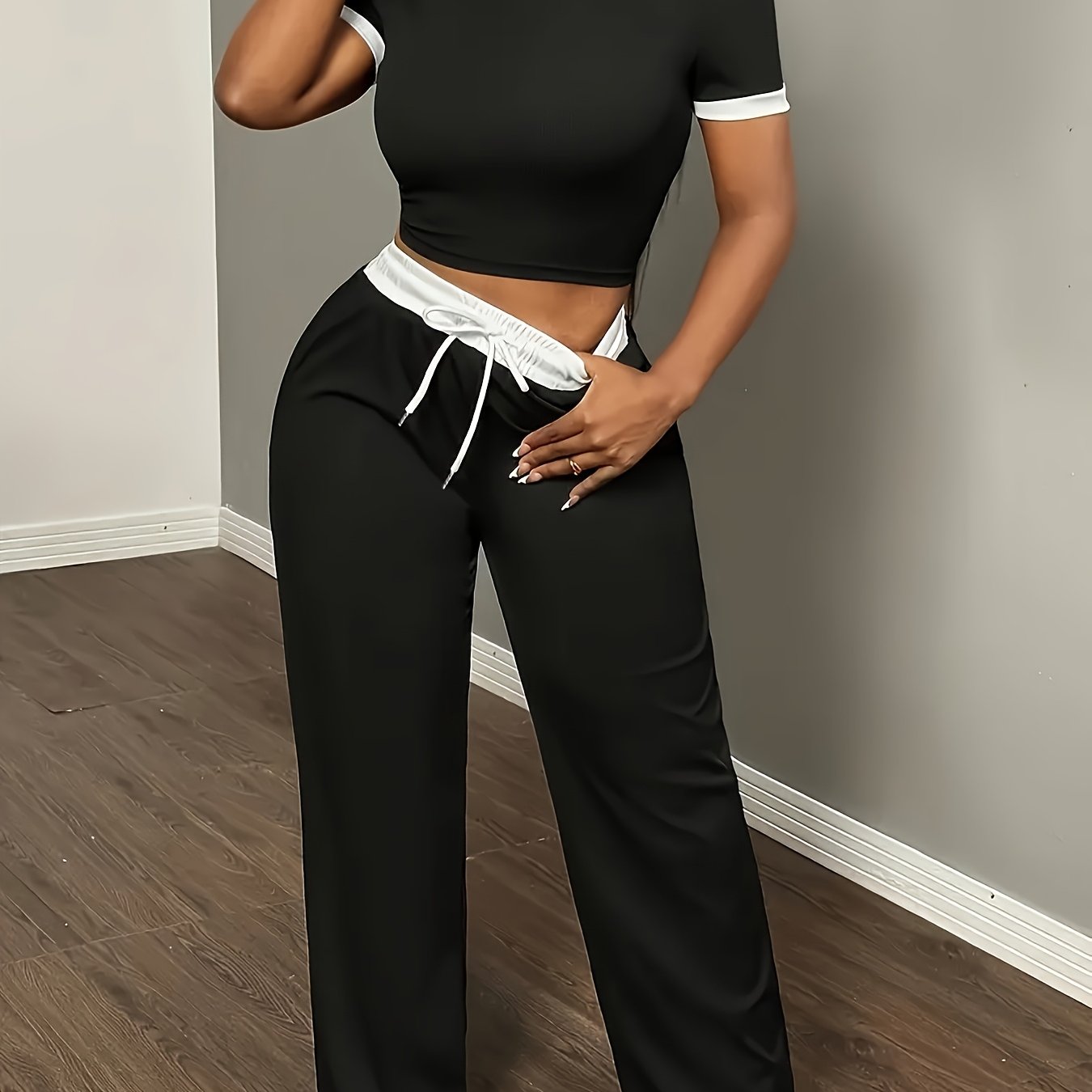 Elegant Crew Neck Short Sleeve T-Shirt and High Waist Drawstring Wide Leg Trousers