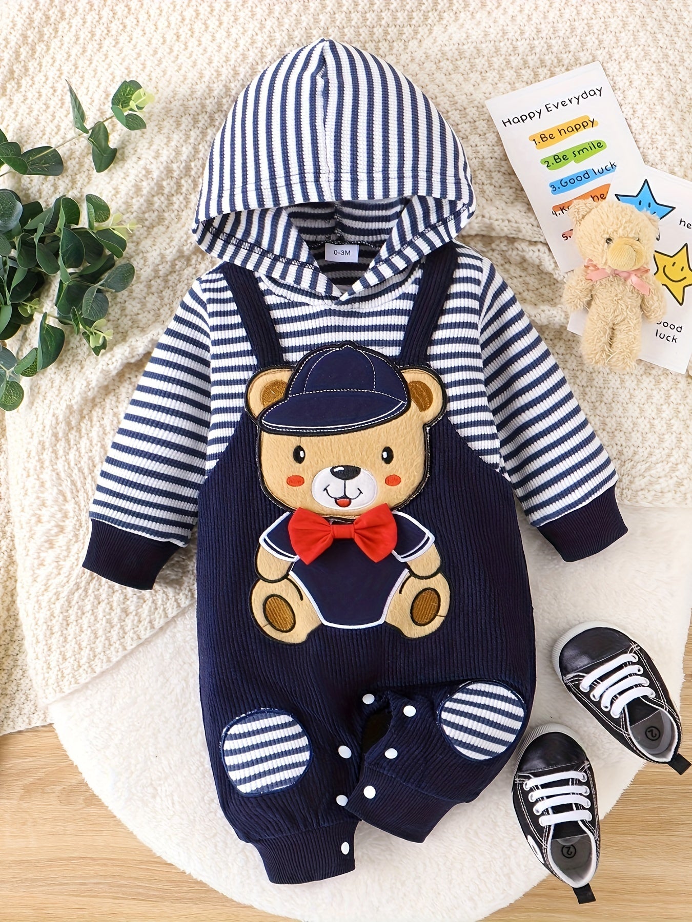 Baby Boys Cute Cartoon Graphic Hooded Bodysuit