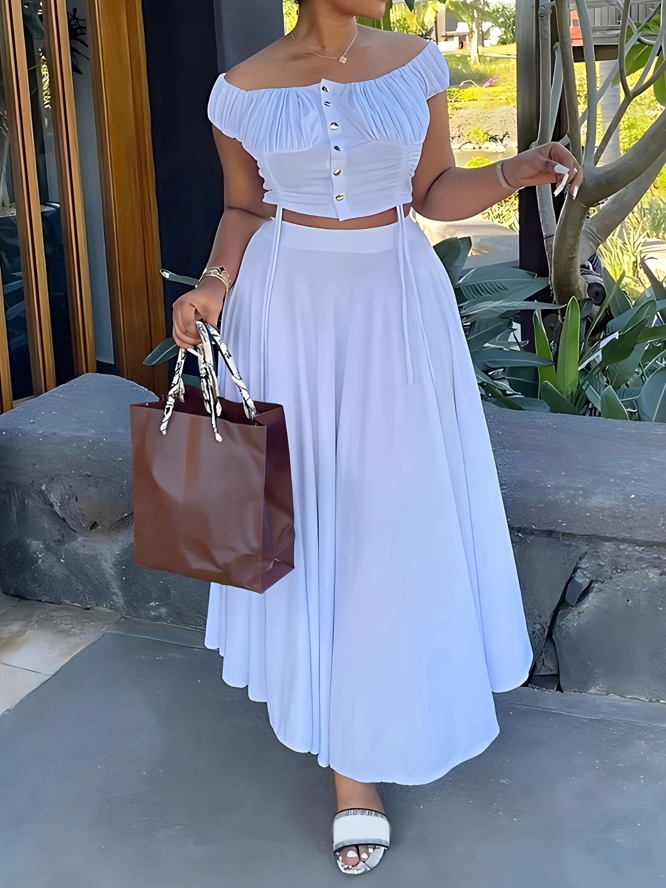 Women's Casual One-Shoulder Short Top A-Line Dangle Long Dress Fashion Set