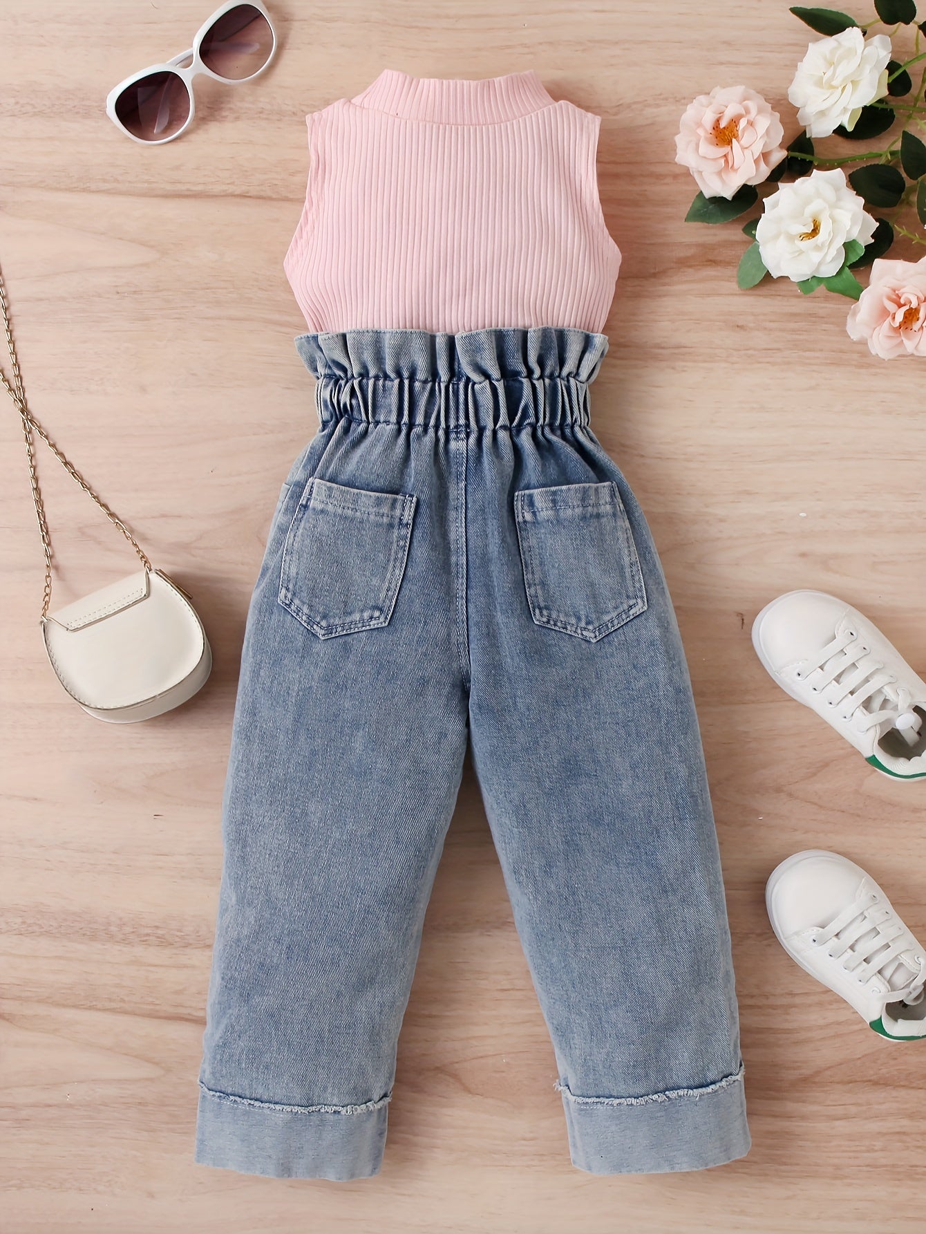 Girls Solid Sleeveless Top Button Decor Paperbag Waist Denim Pants Set