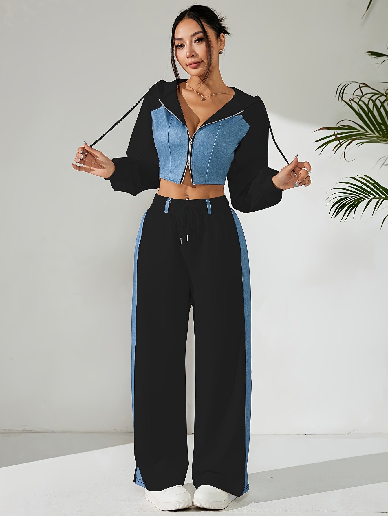 Chic Contrast Zip-Up Suit