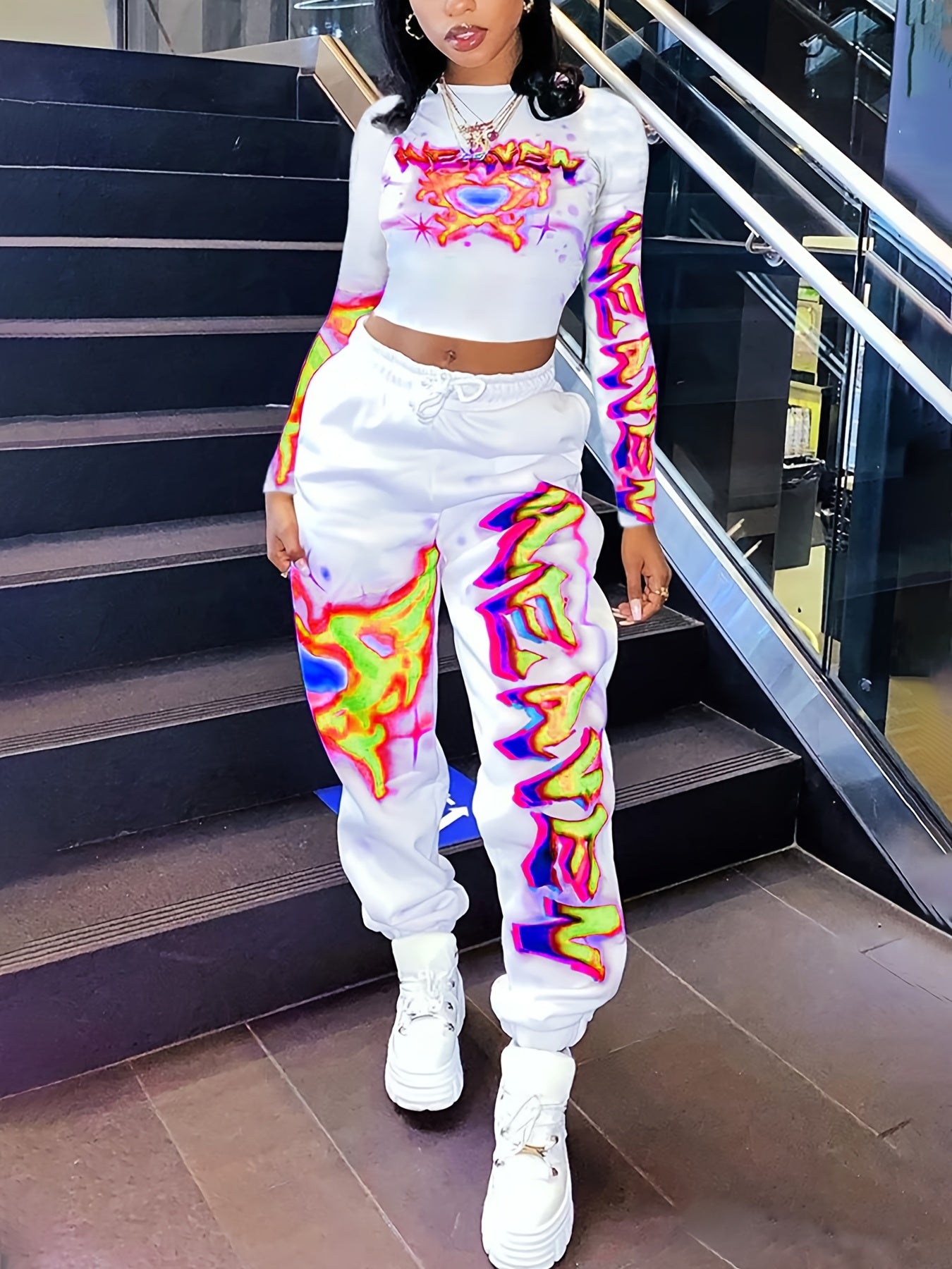 Women's Y2K Heart & Letter Print Long Sleeve Crop Top & Drawstring Joggers Set