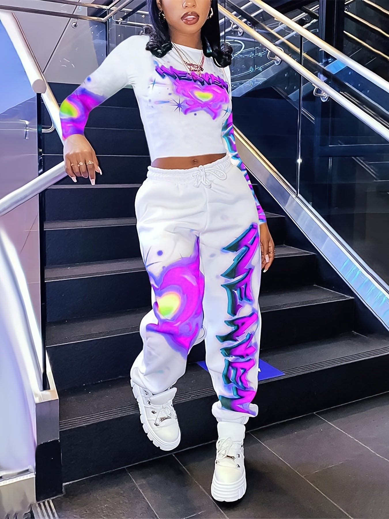 Women's Y2K Heart & Letter Print Long Sleeve Crop Top & Drawstring Joggers Set