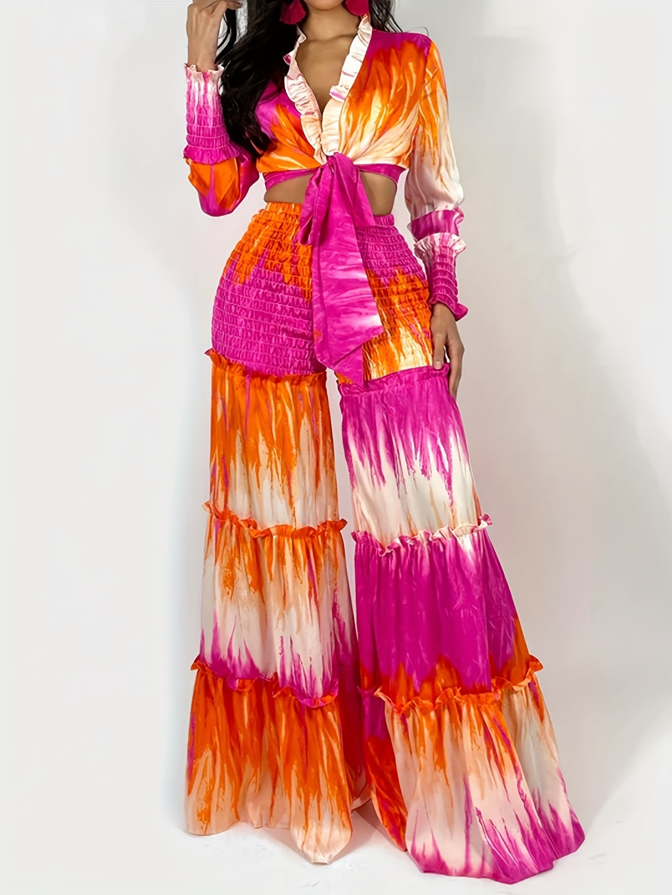 Command & Chic Tie-Dye Spliced Long Sleeve Top and Wide-Leg Pants