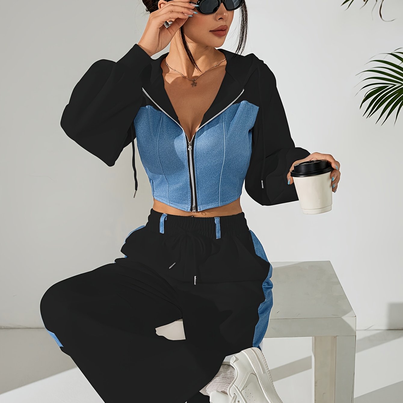 Chic Contrast Zip-Up Suit