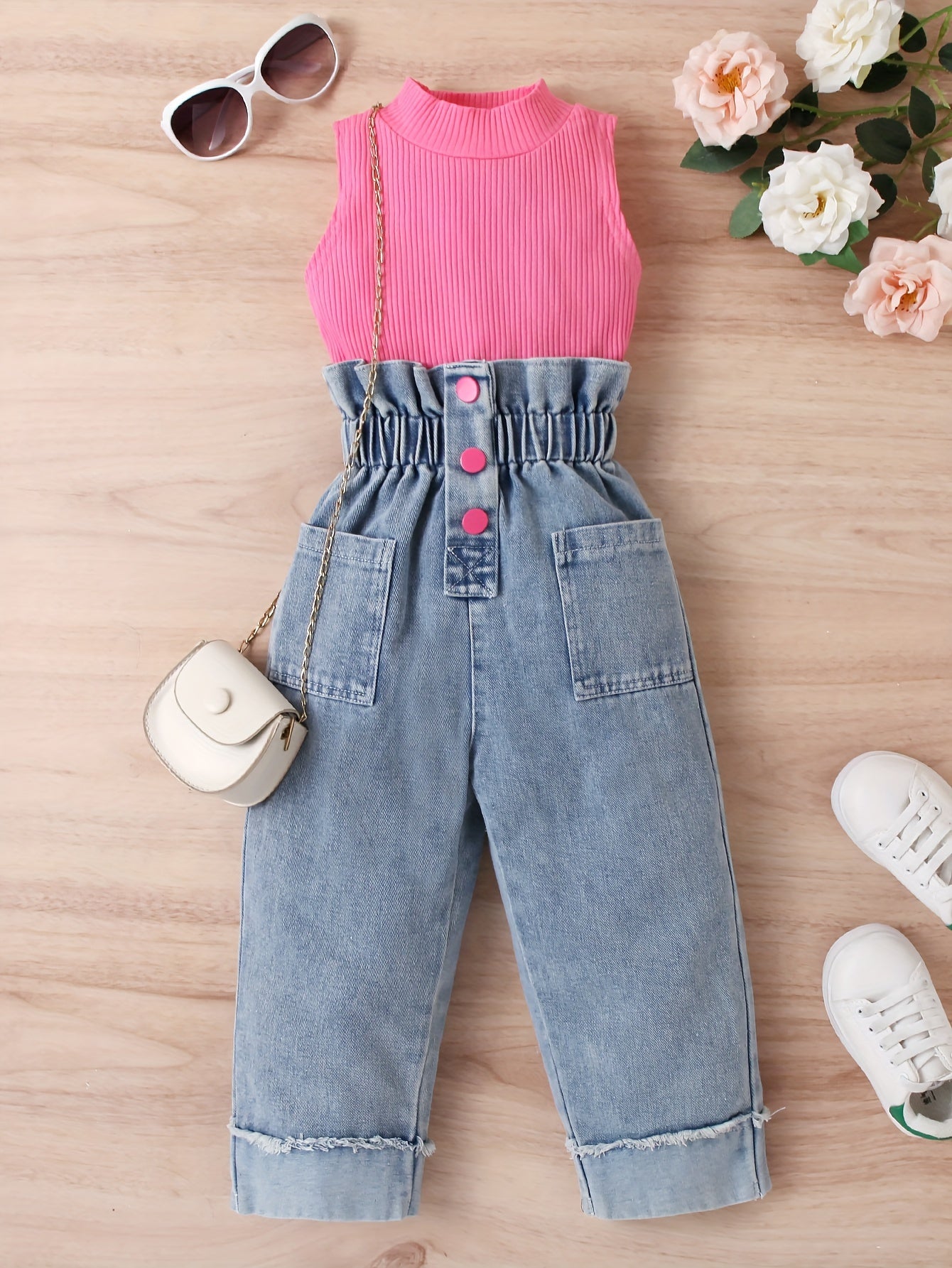 Girls Solid Sleeveless Top Button Decor Paperbag Waist Denim Pants Set
