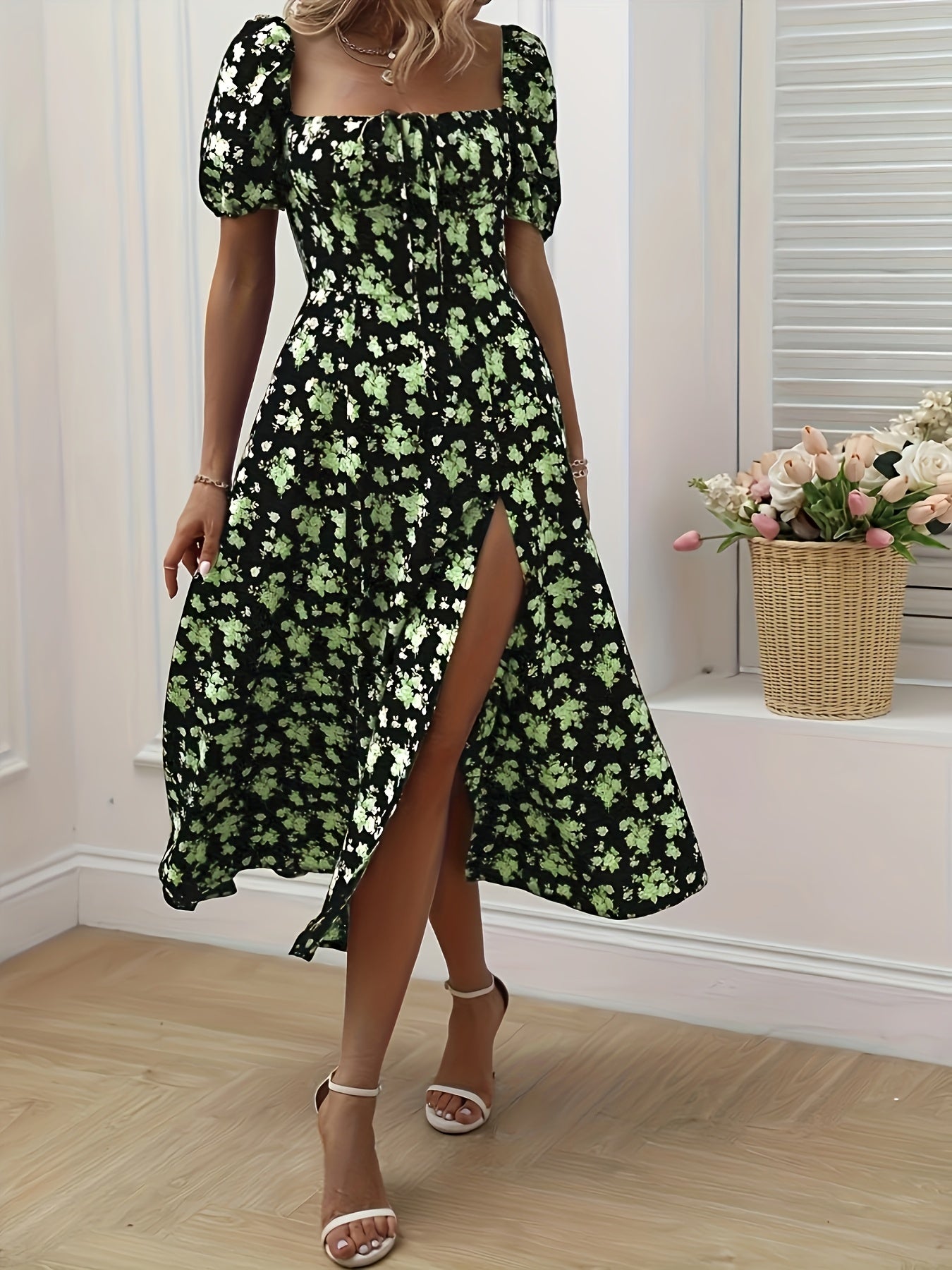 Chic High-Slit Maxi Dress – Floral Elegance
