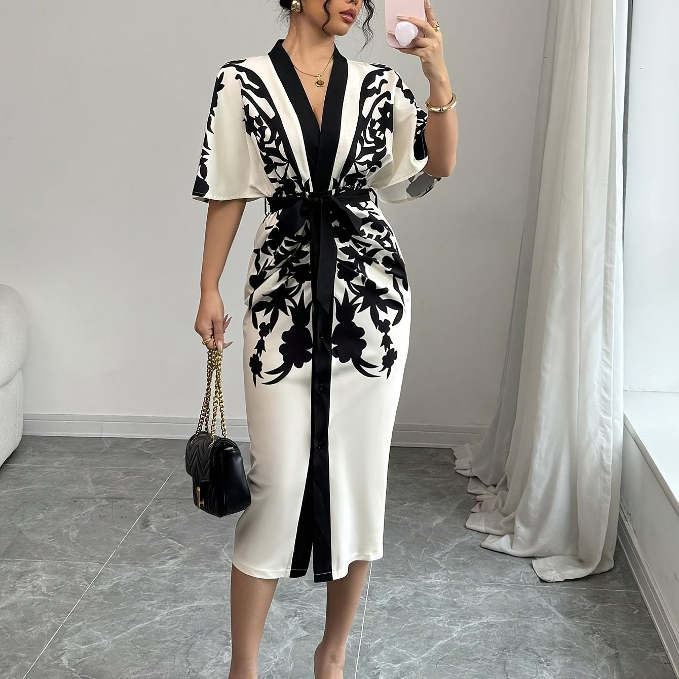Women's Front Tie Short Sleeve Opulent Fade Cocktail Dress