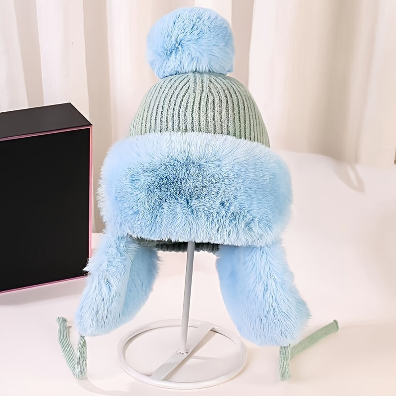 Thick Knitted Ear Flap Hat Winter Warm Plush Bomber Hat Lightweight Beanie