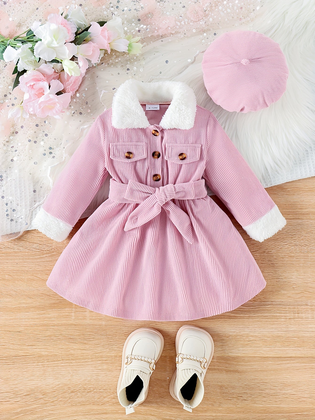 Baby's Elegant Fuzzy Collar Corduroy Long Sleeve Dress + Hat + Belt, Infant