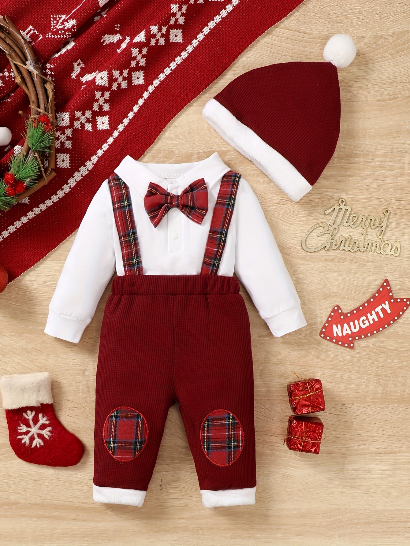 Infant Boys' Christmas Outfit Set – Long Sleeve Comfy Cotton Onesie + Plaid Suspender Pants + Christmas Hat, Cute Set