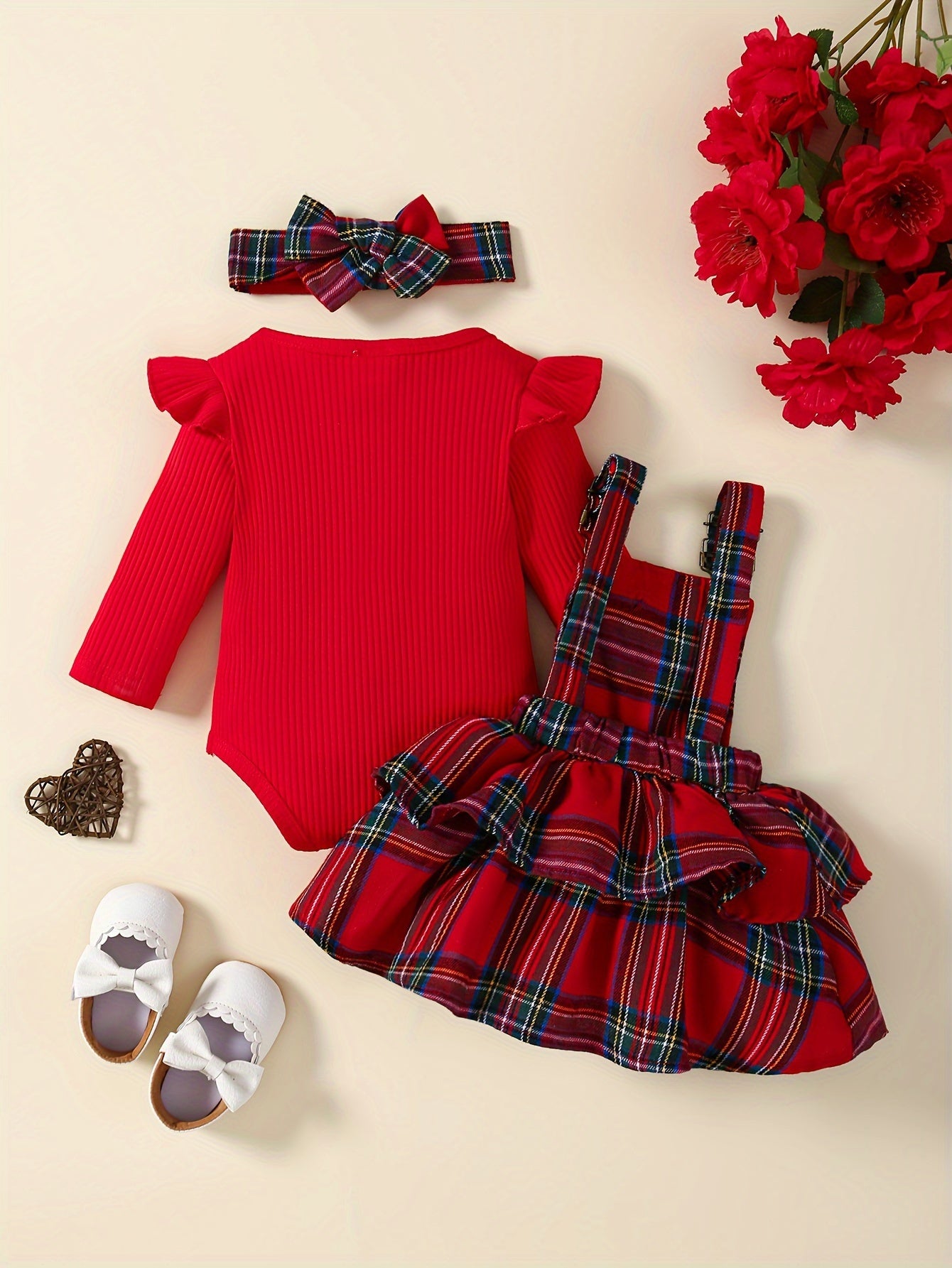 Baby's Overall Dress + Ruffled Bodysuit + Hairband, Toddler & Infant Girl's Clothing Set