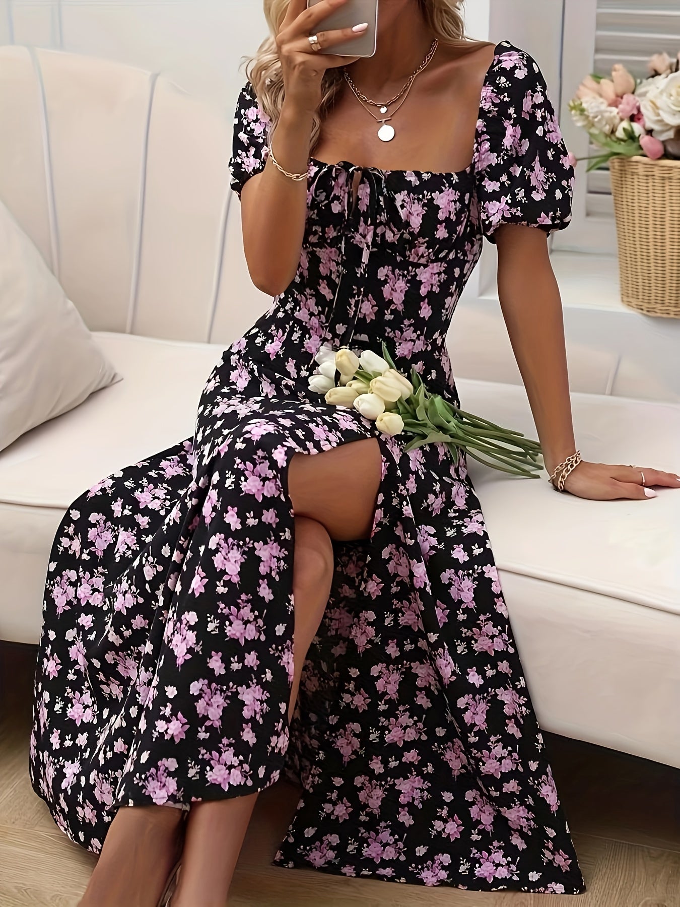 Chic High-Slit Maxi Dress – Floral Elegance