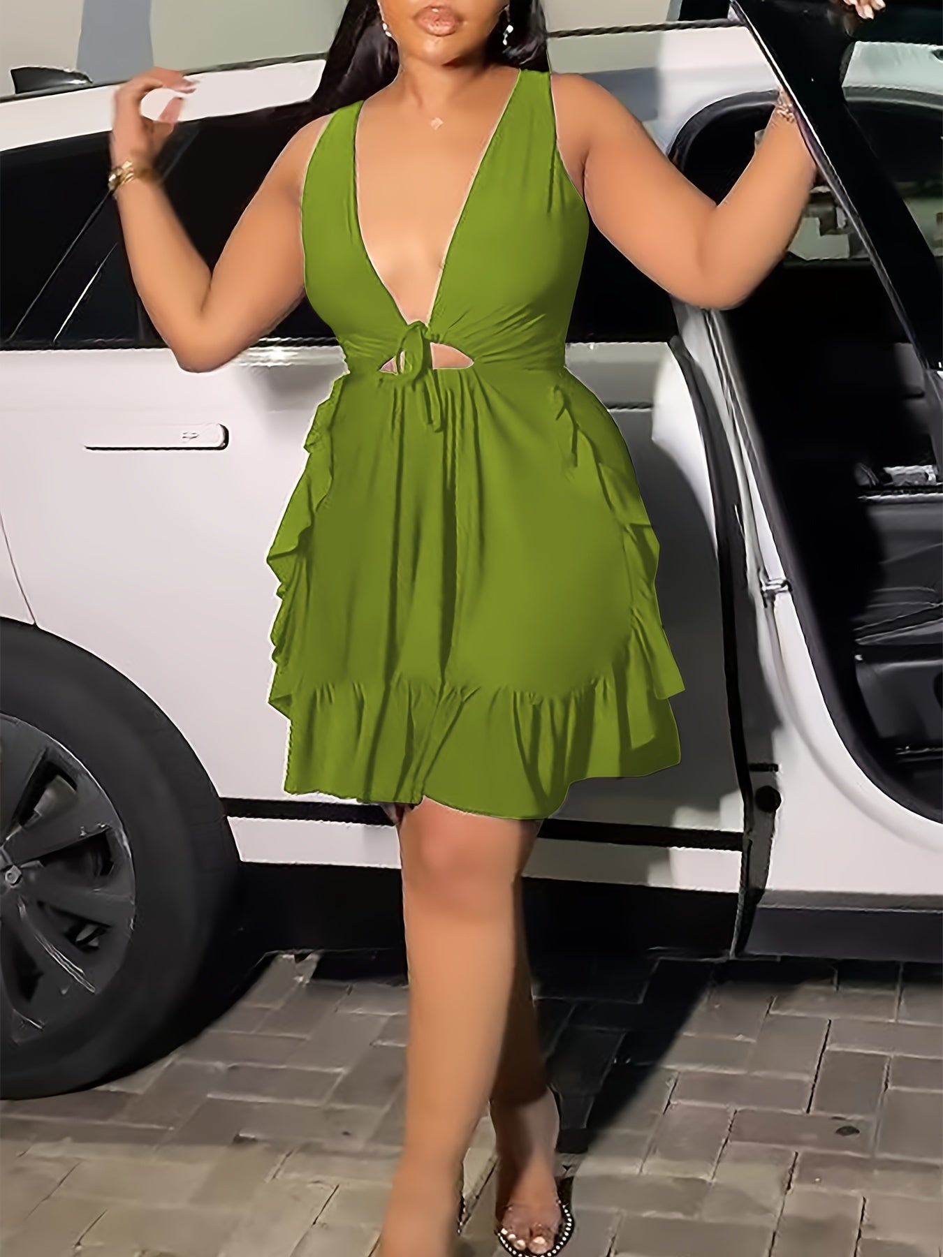 Elegant V-Neck Sleeveless Ruffle Ruched Bodycon Mini Dress
