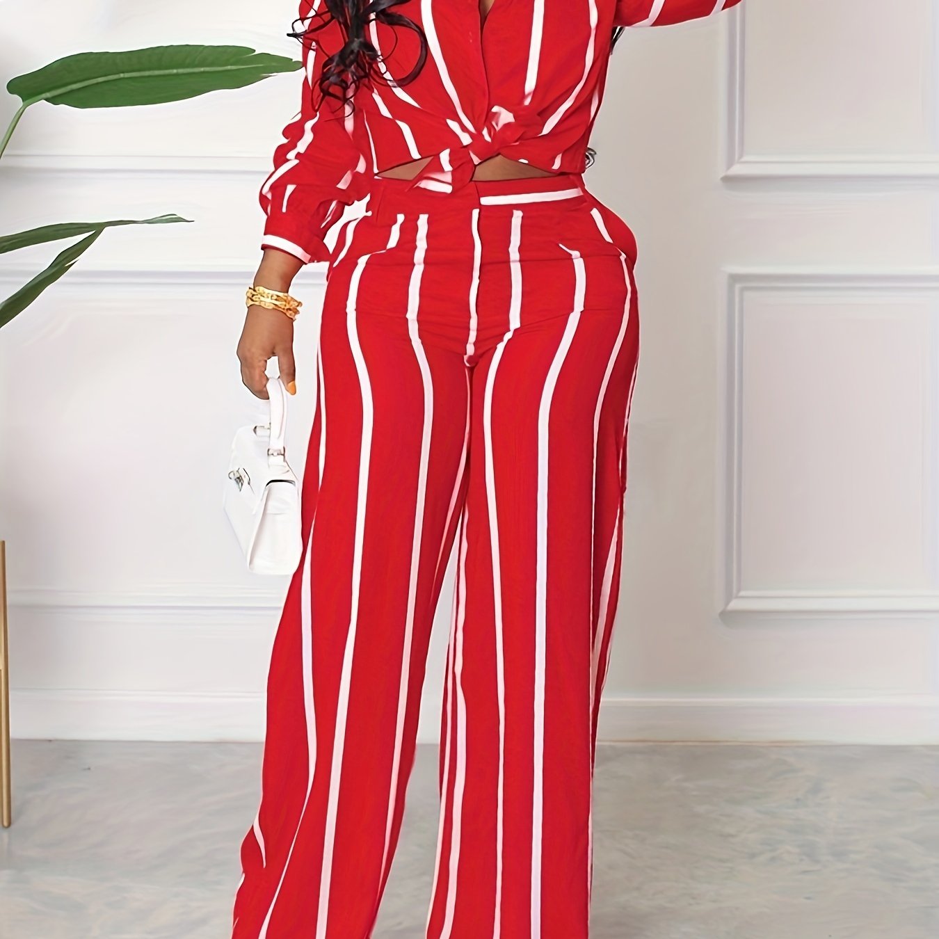 Button Front Collar Long Sleeve Shirt & High Waist Wide Leg Loose Pants Set
