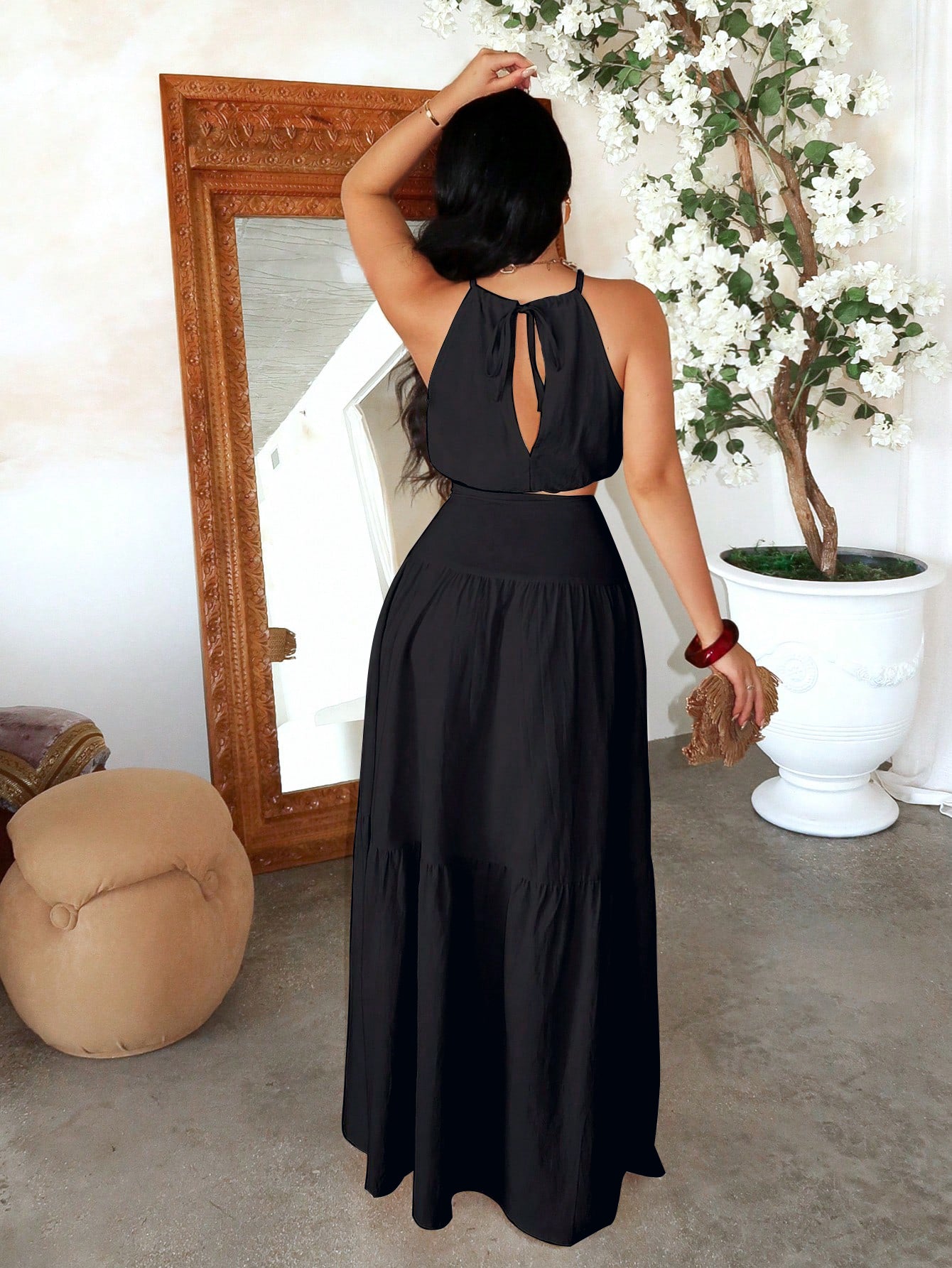 2pcs Set, Tie-Back Vest and Drawstring Split Skirt A-Line Dress for Vacation Festivals