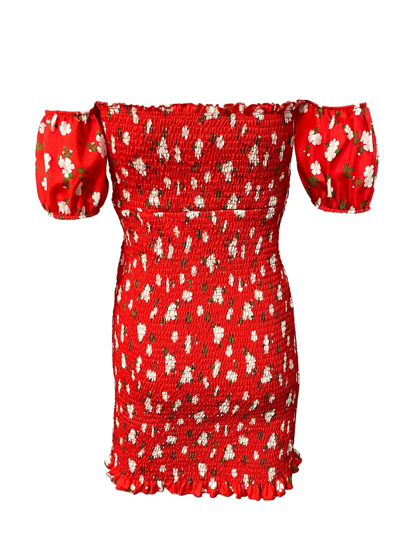 Ruffle Trim Knot Front Sweetheart Neck Shirred Slim Floral Print Off-shoulder Dress