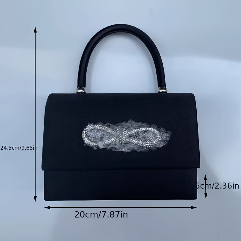 Elegant Rhinestone Bow Glittery Satchel with Detachable Strap Rhinestone Embellish Bag