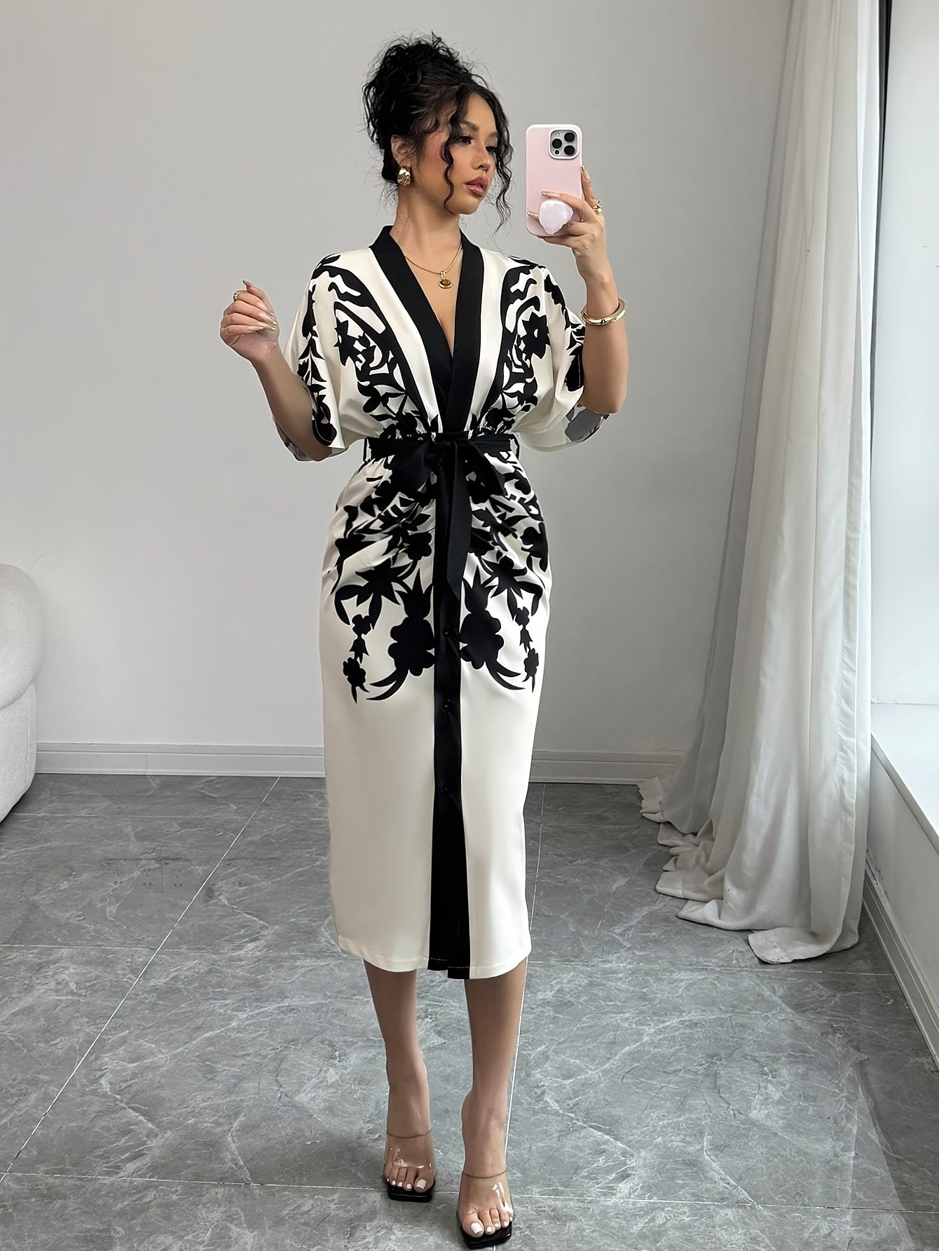 Women's Front Tie Short Sleeve Opulent Fade Cocktail Dress