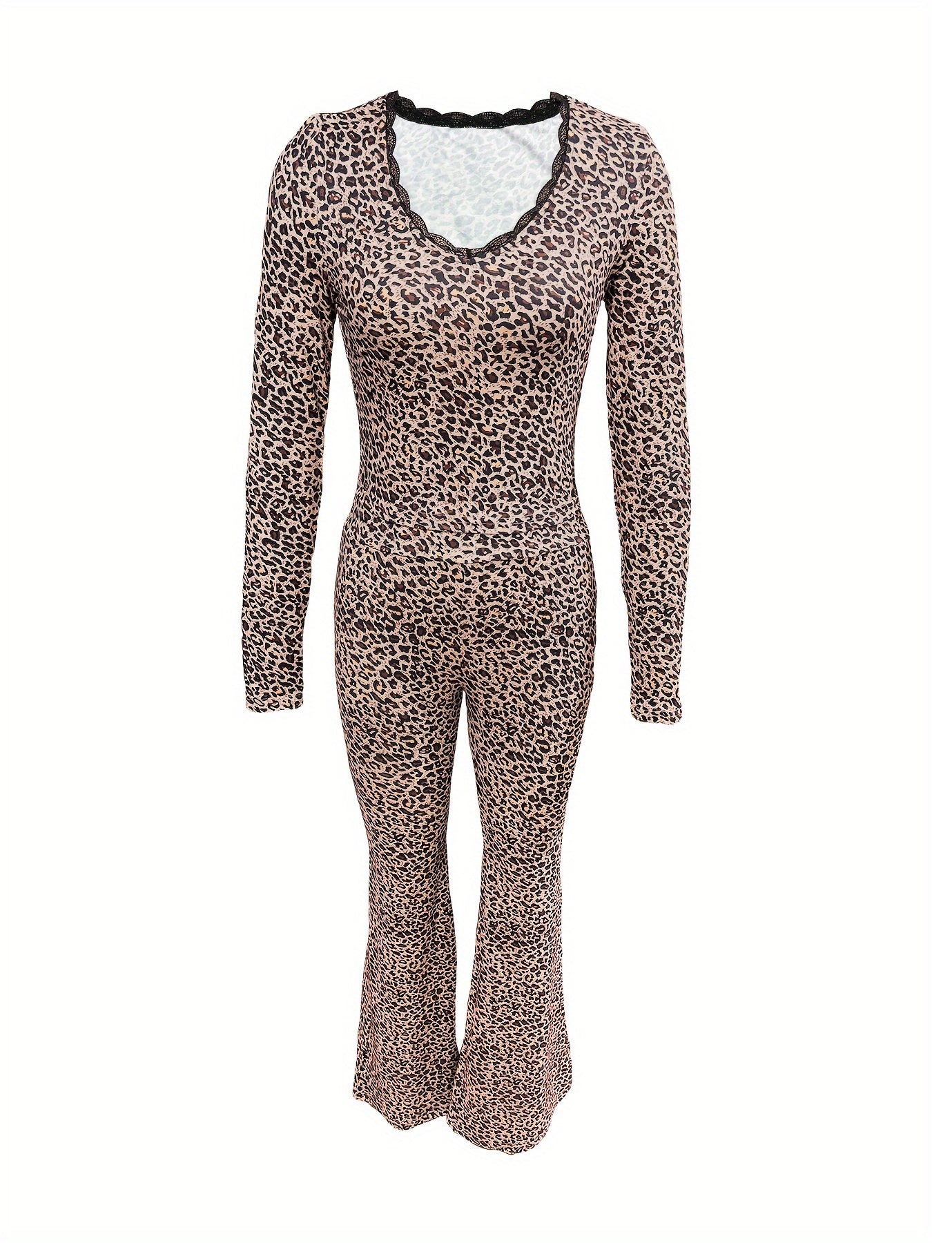 Casual Leopard Print Lace Crop Top & Flare Pants Set