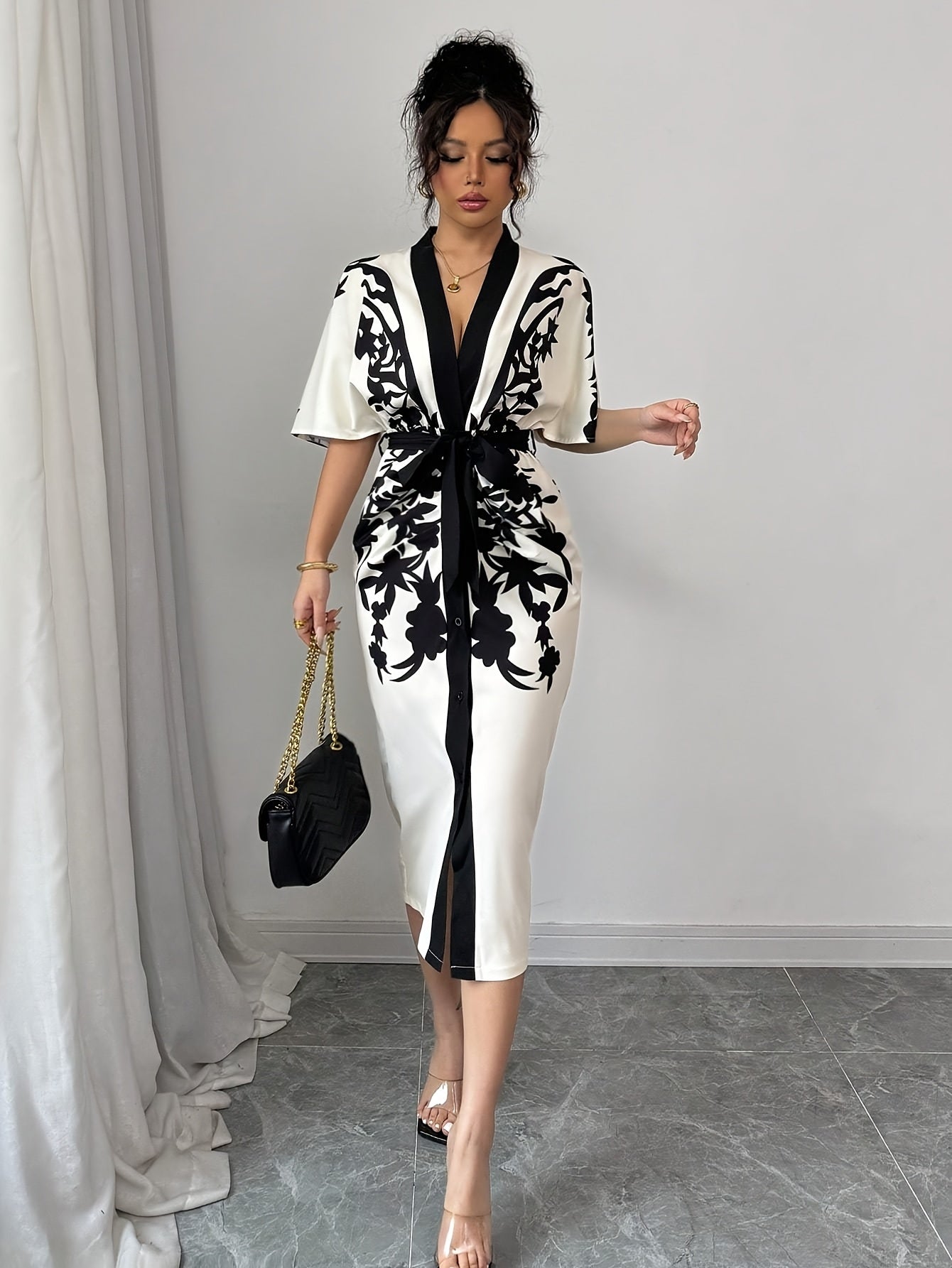 Women's Front Tie Short Sleeve Opulent Fade Cocktail Dress