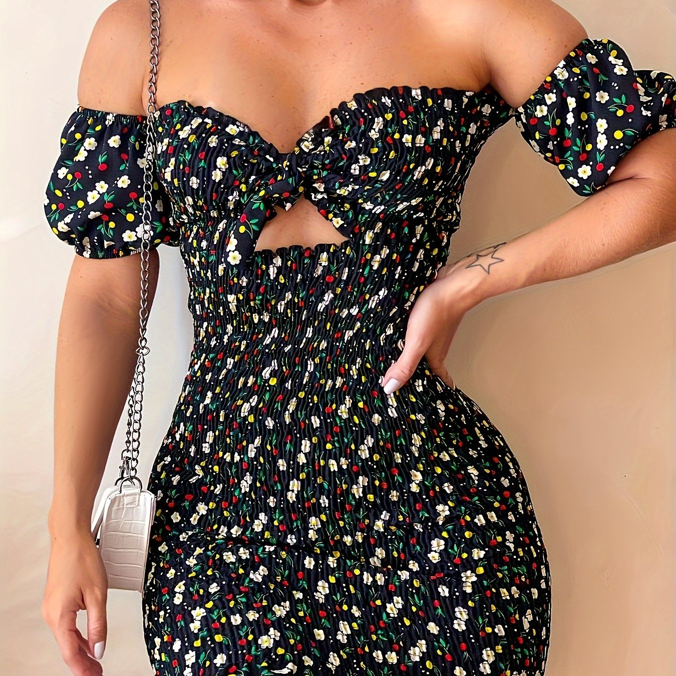 Ruffle Trim Knot Front Sweetheart Neck Shirred Slim Floral Print Off-shoulder Dress