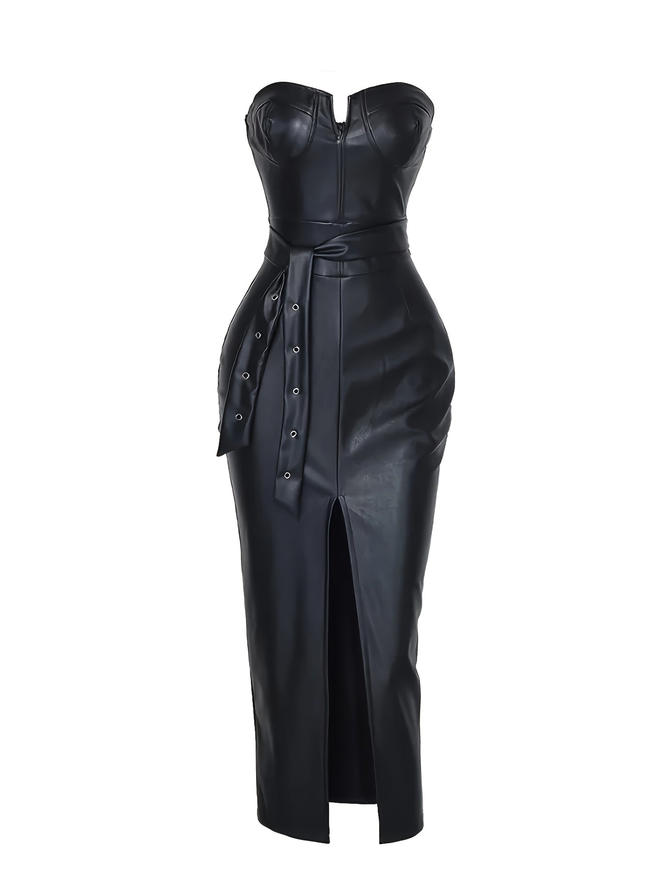 Sexy Solid Color Bandeau Dress for Women - Chic Thin Strapless Waist Cinched with Split Detail, Black Maxi Skirt Style