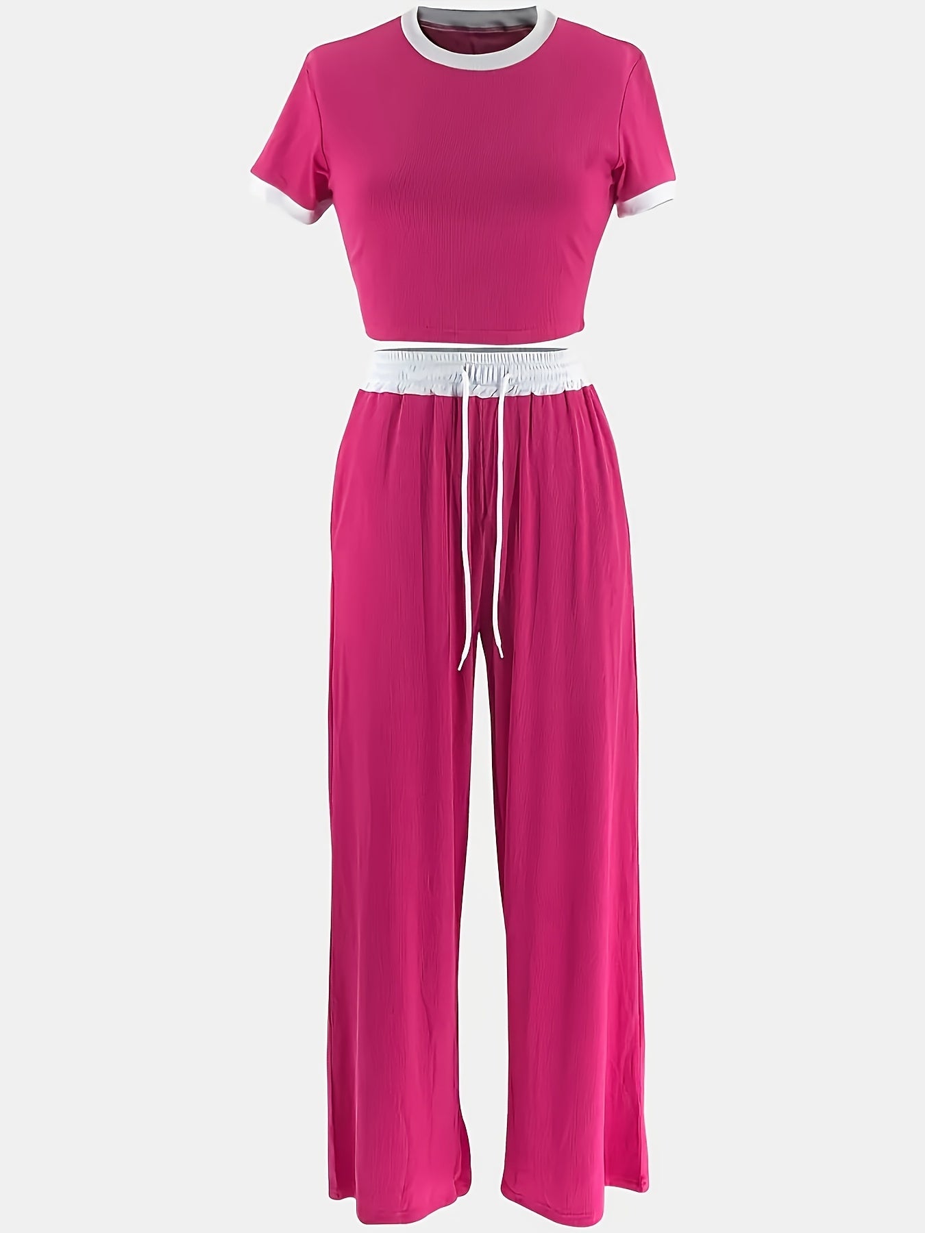 Elegant Crew Neck Short Sleeve T-Shirt and High Waist Drawstring Wide Leg Trousers