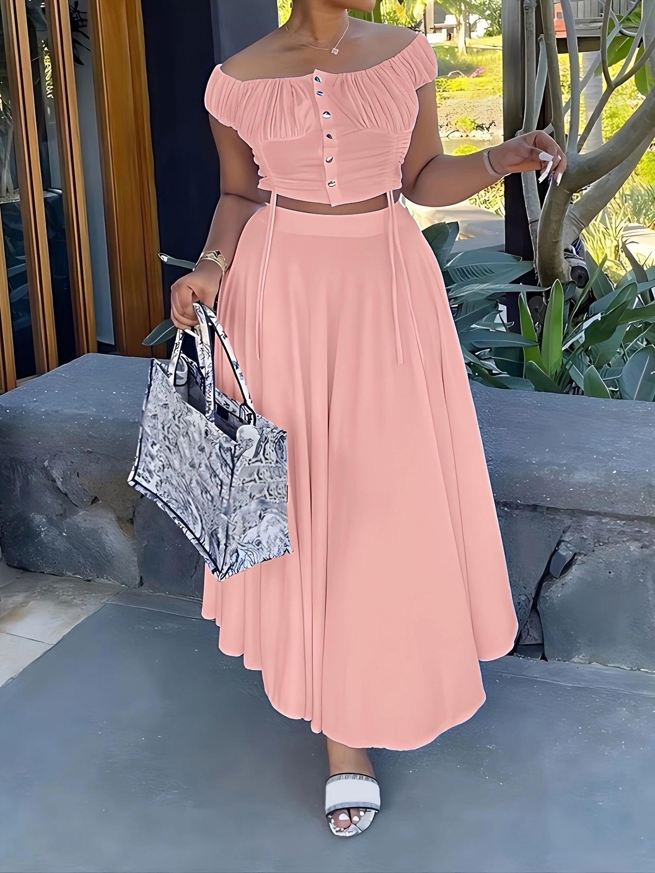 Women's Casual One-Shoulder Short Top A-Line Dangle Long Dress Fashion Set