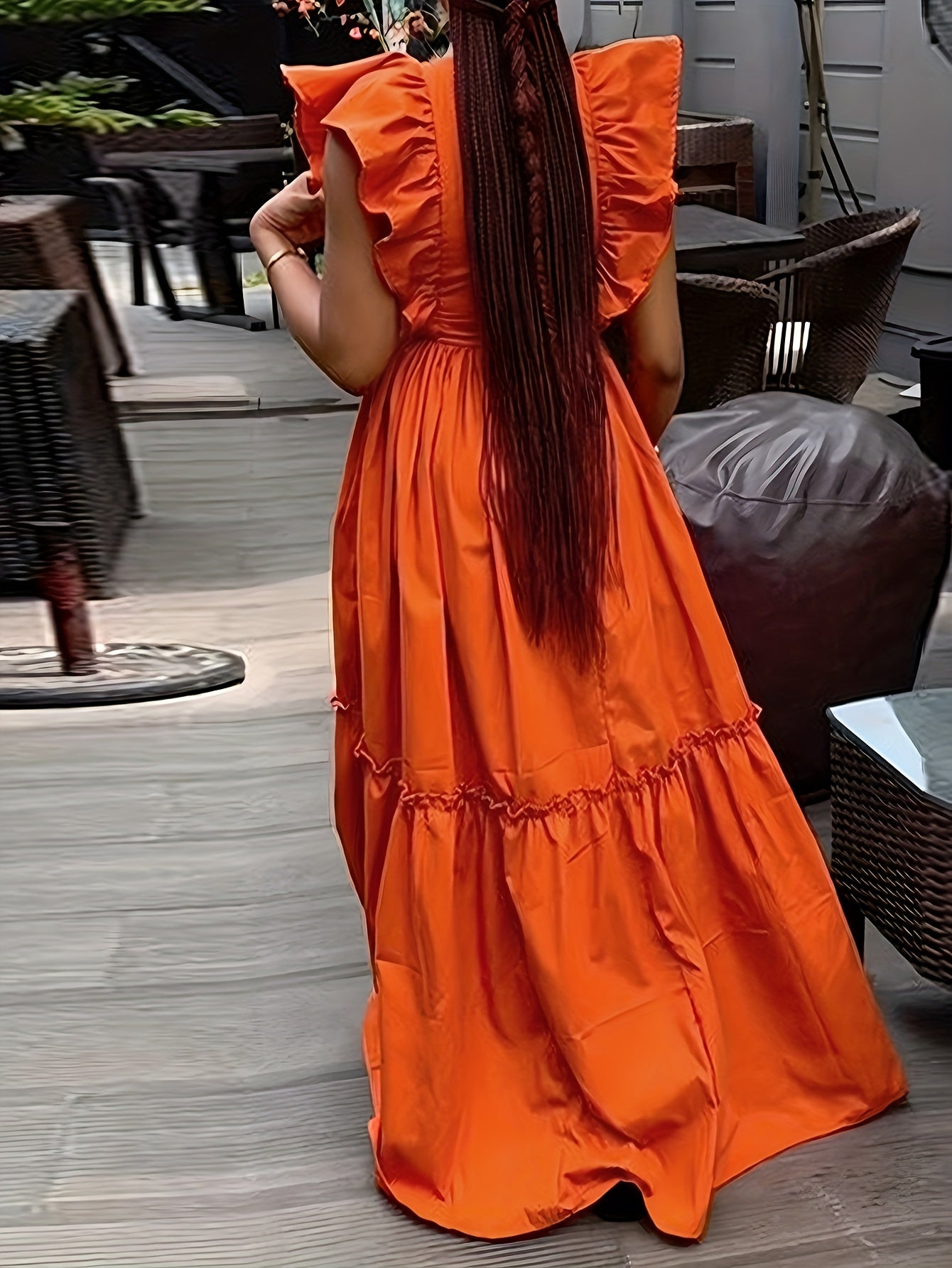 Elegant Ruffle Trimmed ALine Round Neck, Cinched Waist Design Dress