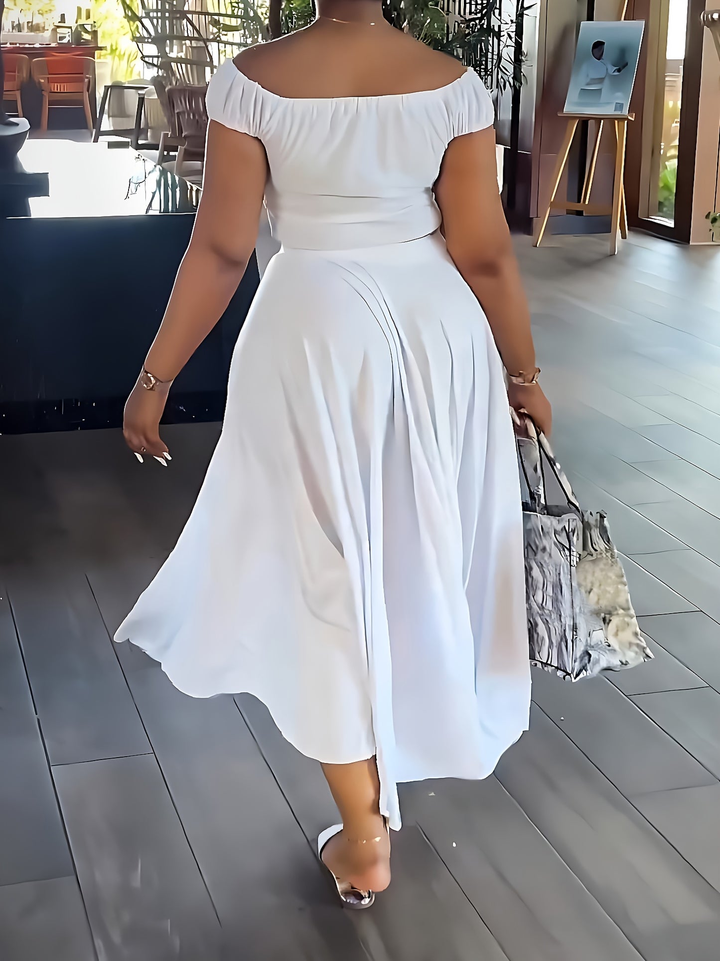 Women's Casual One-Shoulder Short Top A-Line Dangle Long Dress Fashion Set