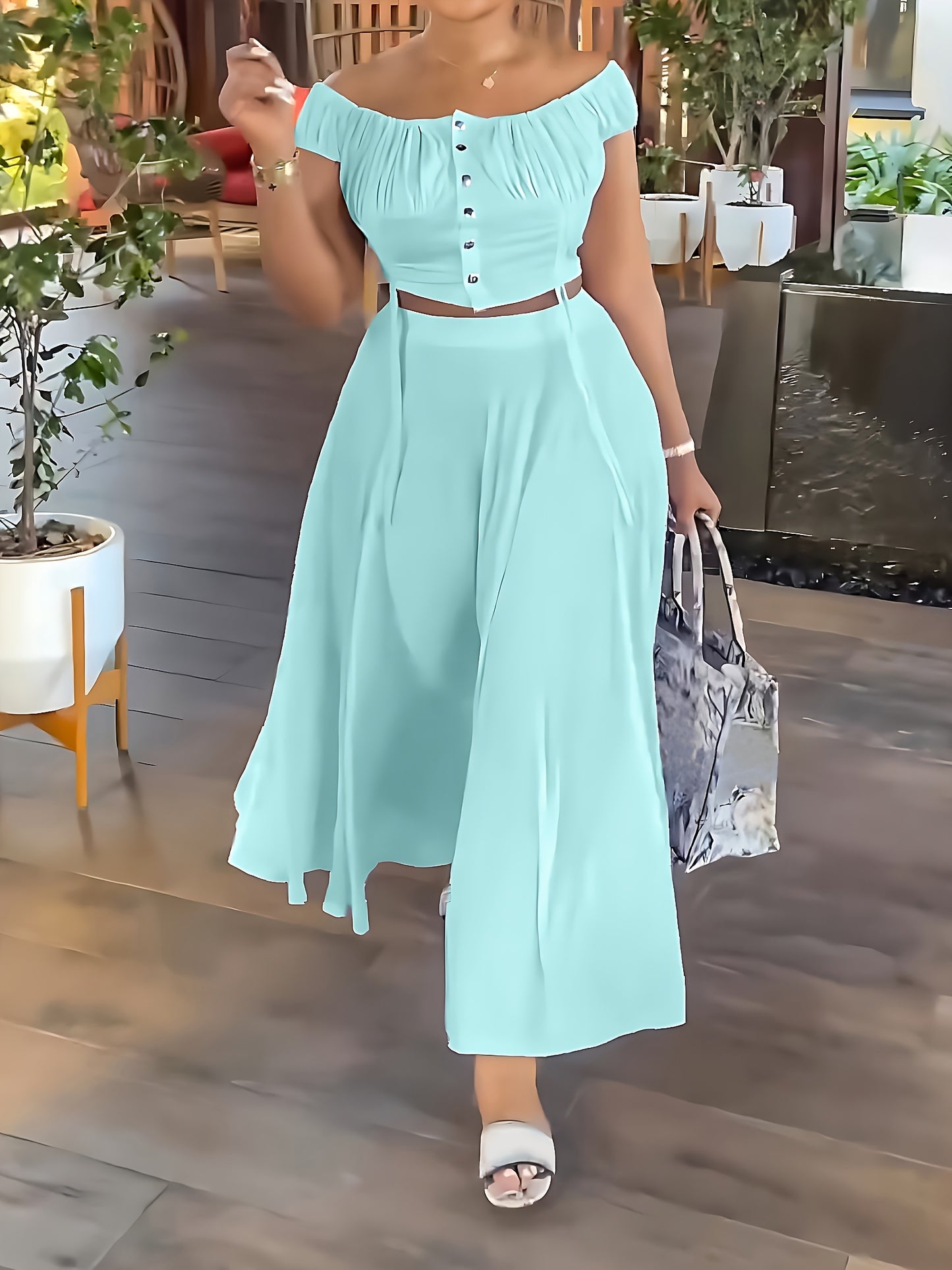 Women's Casual One-Shoulder Short Top A-Line Dangle Long Dress Fashion Set
