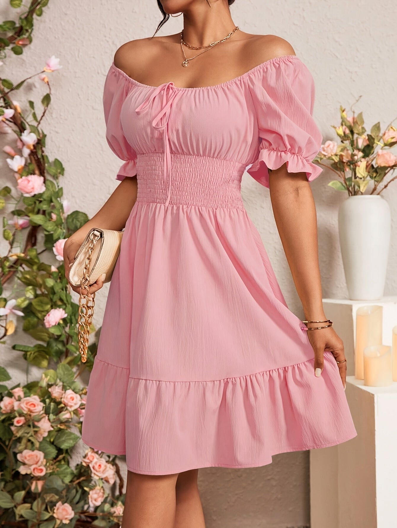 Women's Tie-Back Bubble Sleeve Ruffled Hem Dress