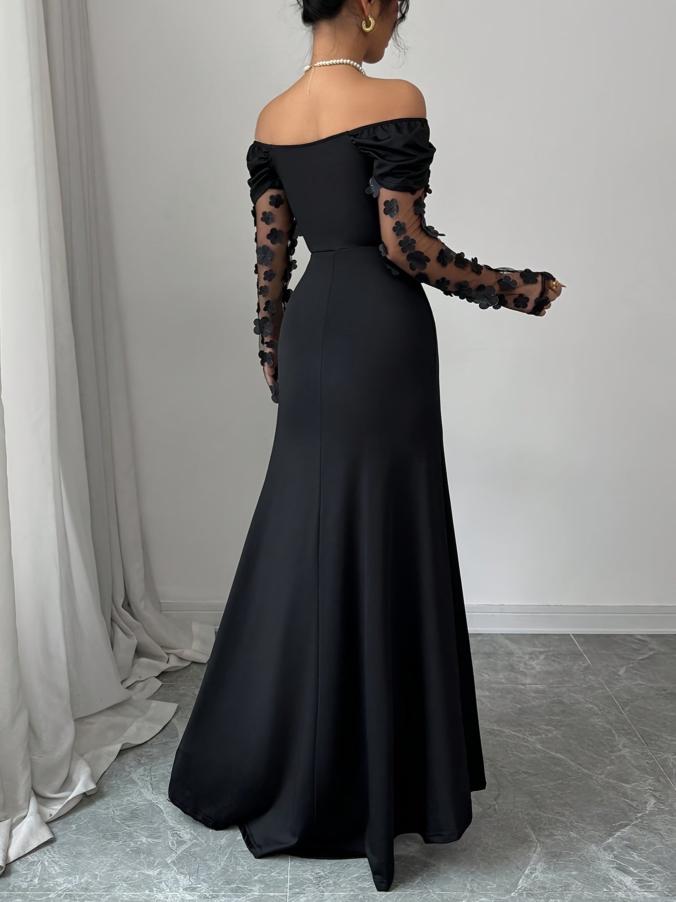 Elegant Off-Shoulder Luxe Bloom Mesh Gown
