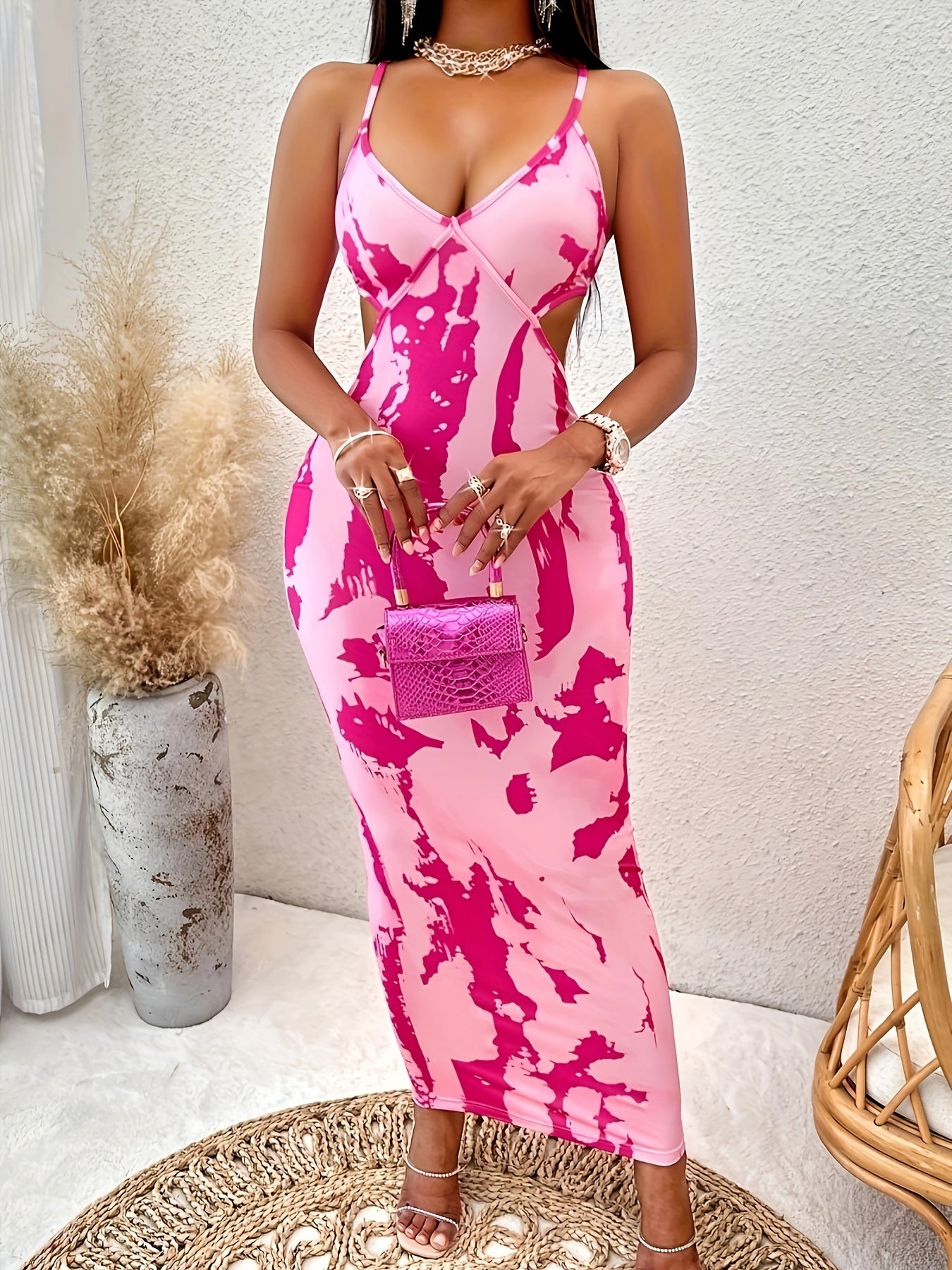 Elegant Sleeveless Spaghetti Strap Tie Back Bodycon Dress